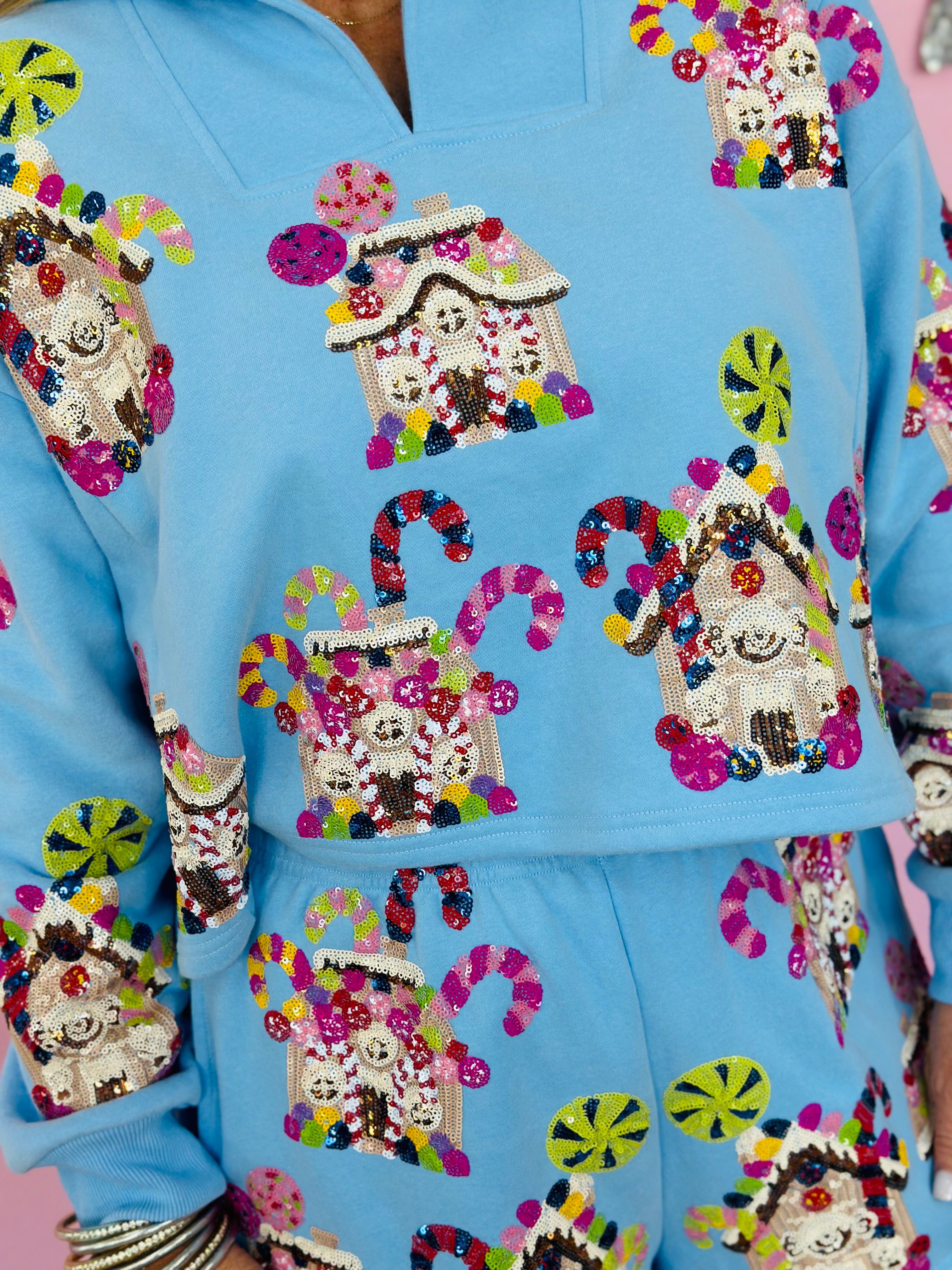 LT BLUE GINGERBREAD HOUSES COLLAR SWEATSHIRT