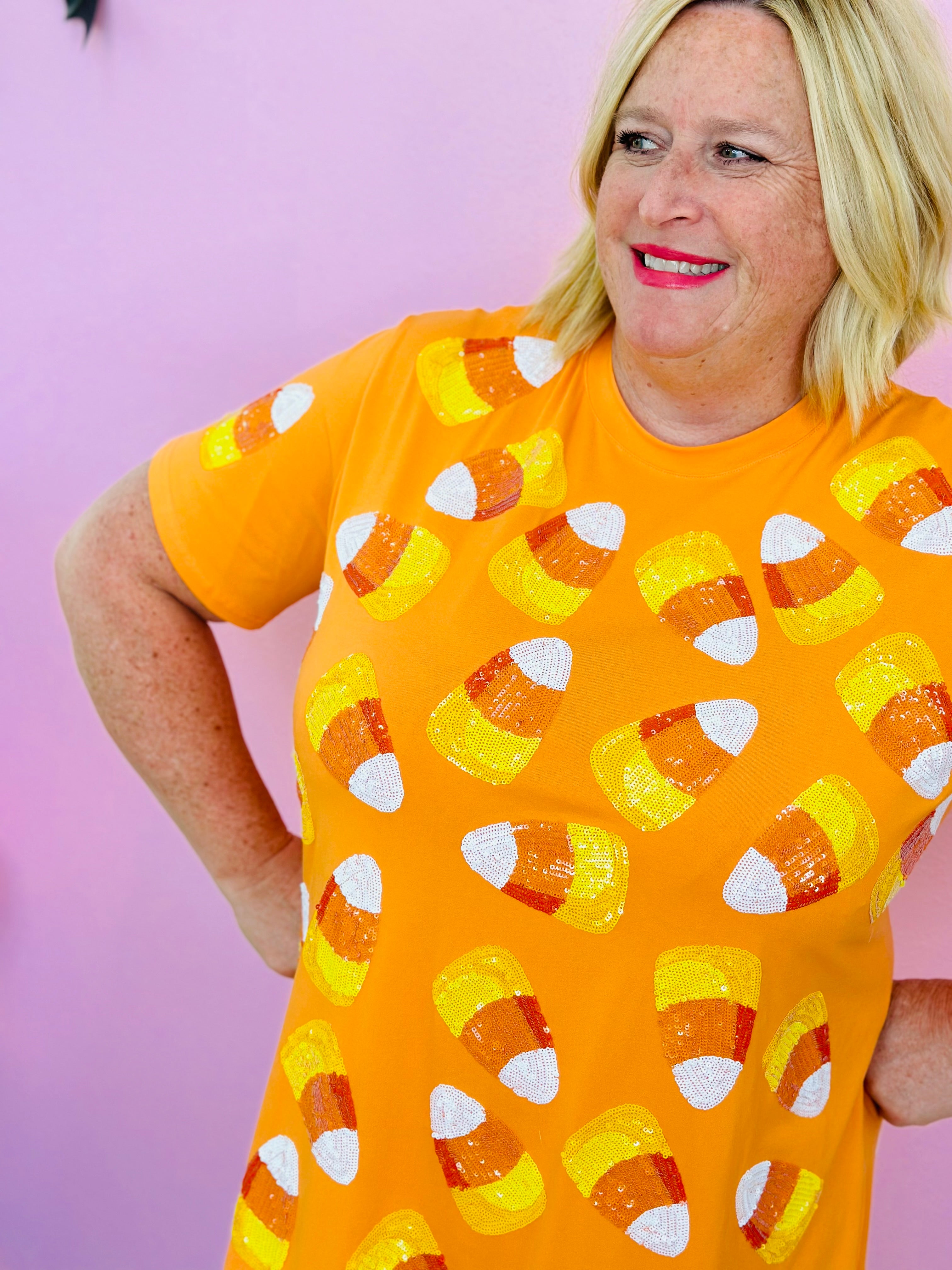 ORANGE CANDY CORN TEE DRESS-PLUS