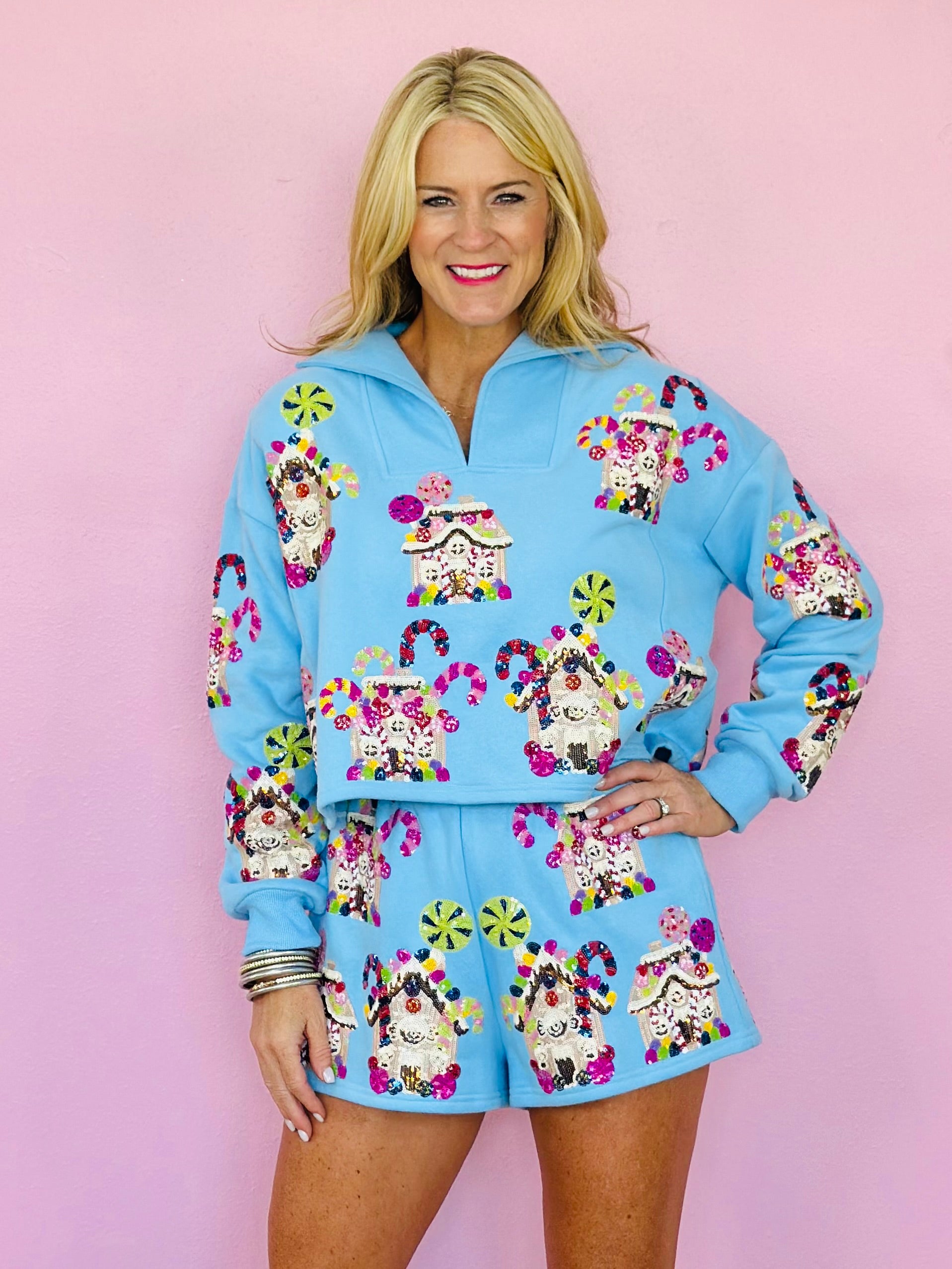 LT BLUE GINGERBREAD HOUSES COLLAR SWEATSHIRT