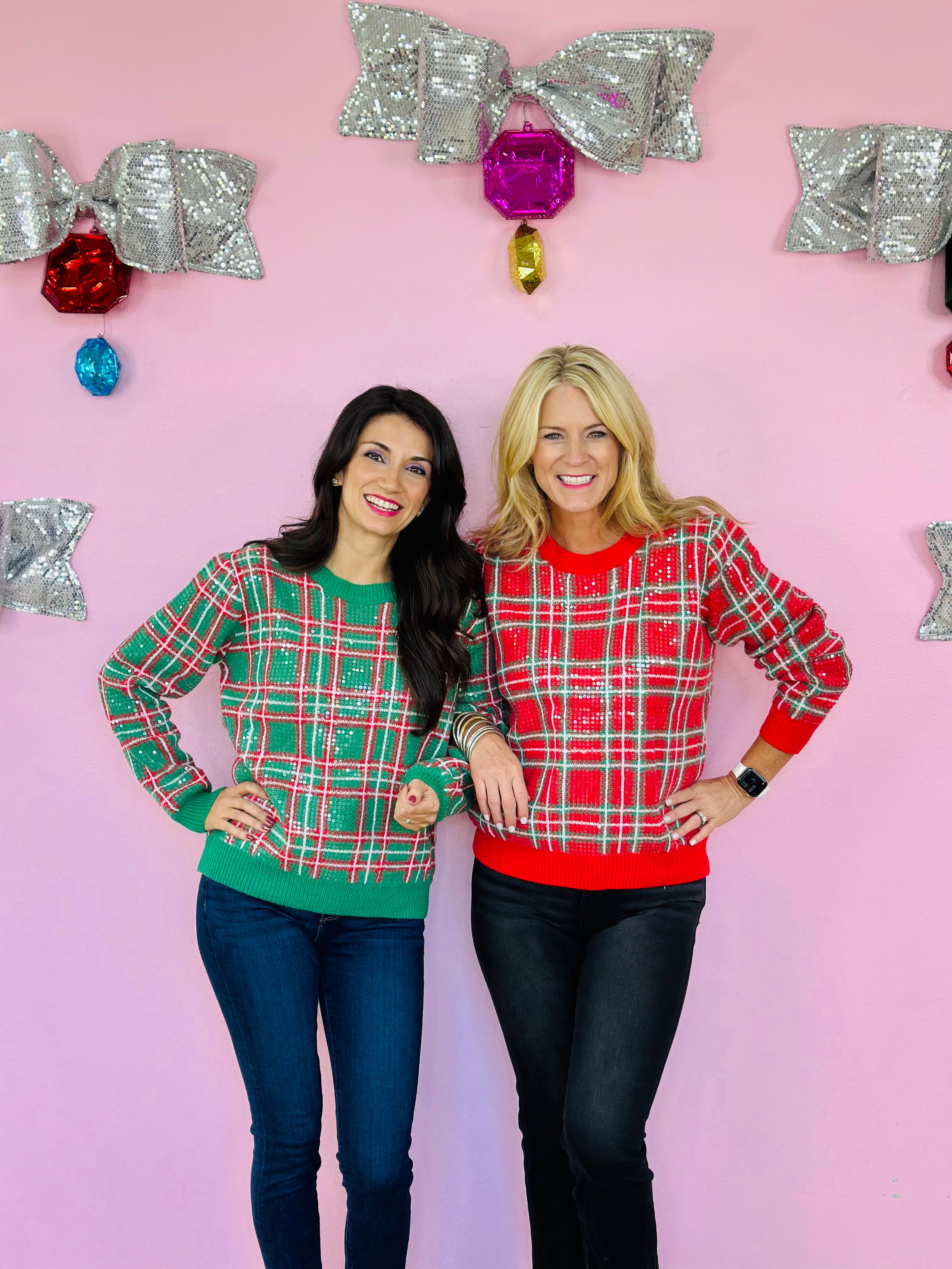 CHRISTMAS PLAID SEQUINED TOP-GREEN