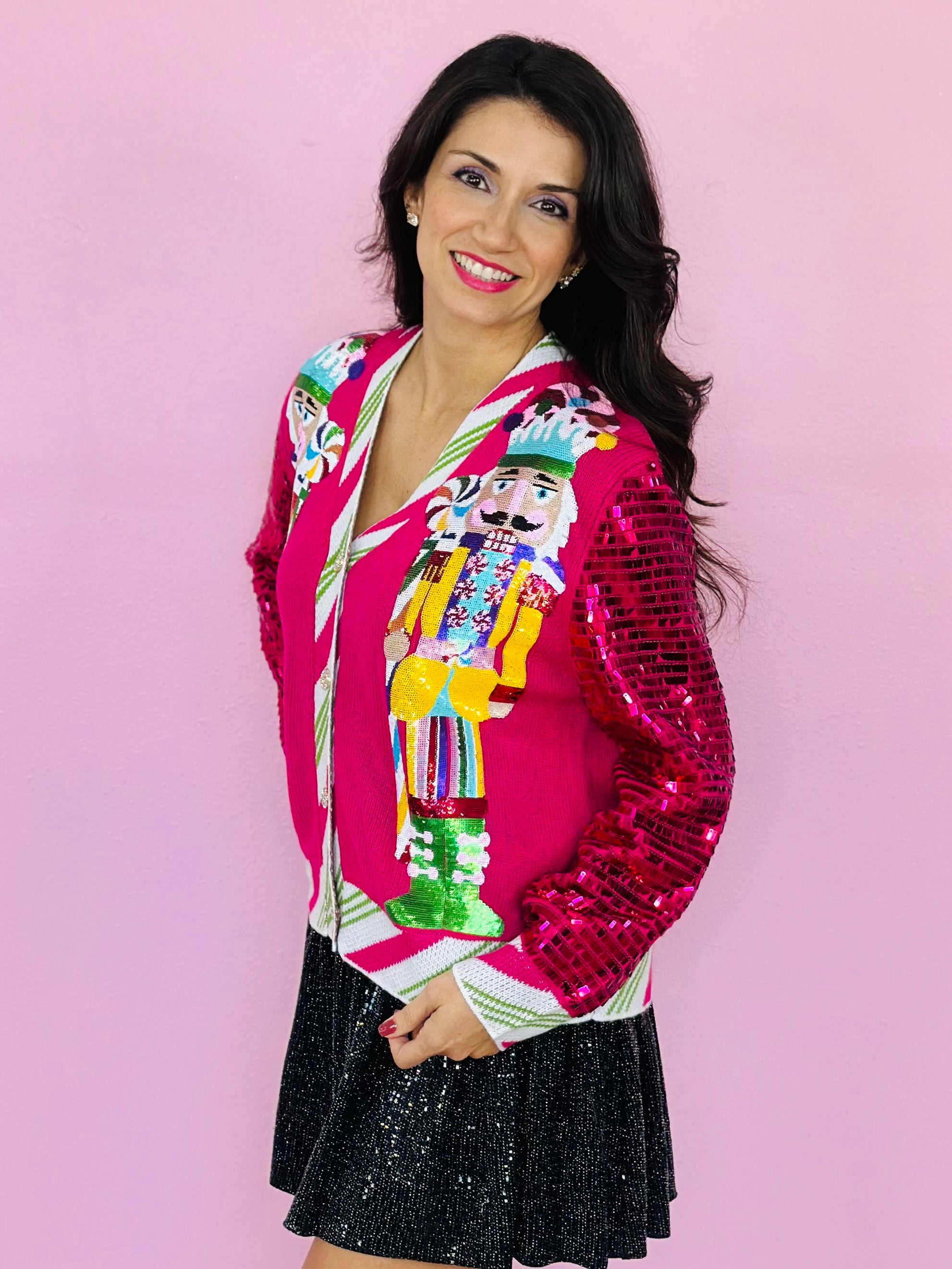 HOT PINK PEPPERMINT NUTCRACKER SEQUIN SLEEVE CARDIGAN