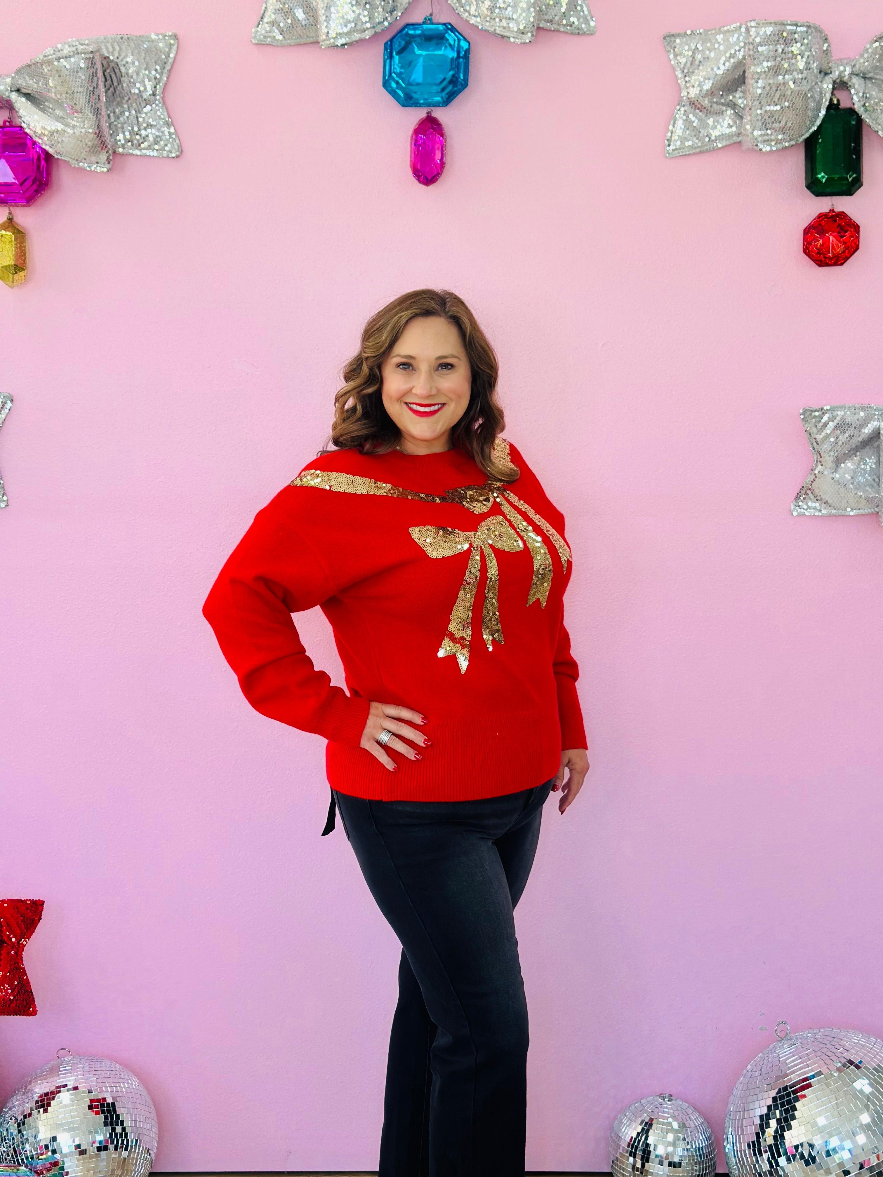 GOLD SEQUIN BOWS SWEATER-RED