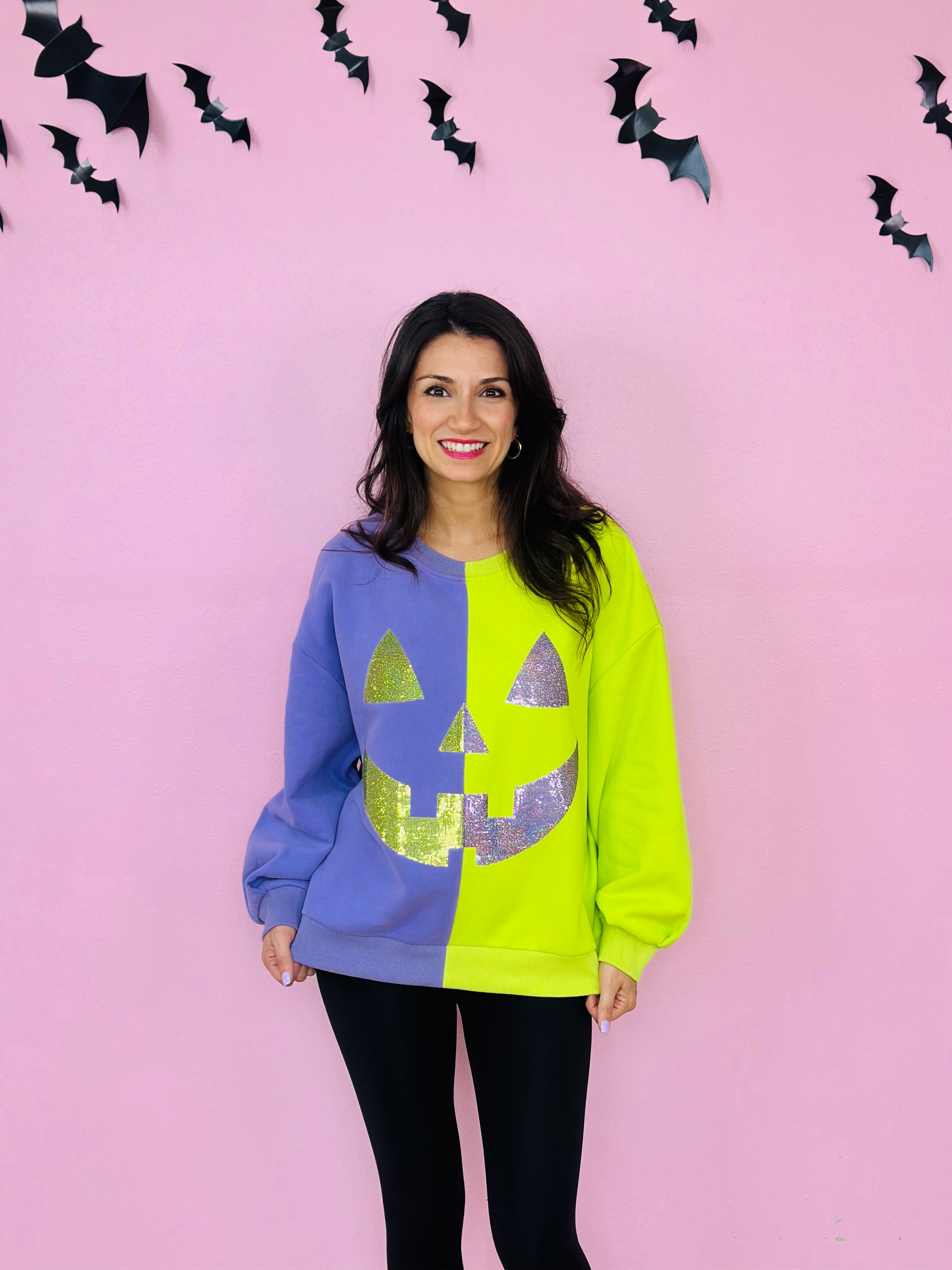 PURPLE&NEON GREEN SPLIT PUMPKIN FACE SWEATSHIRT