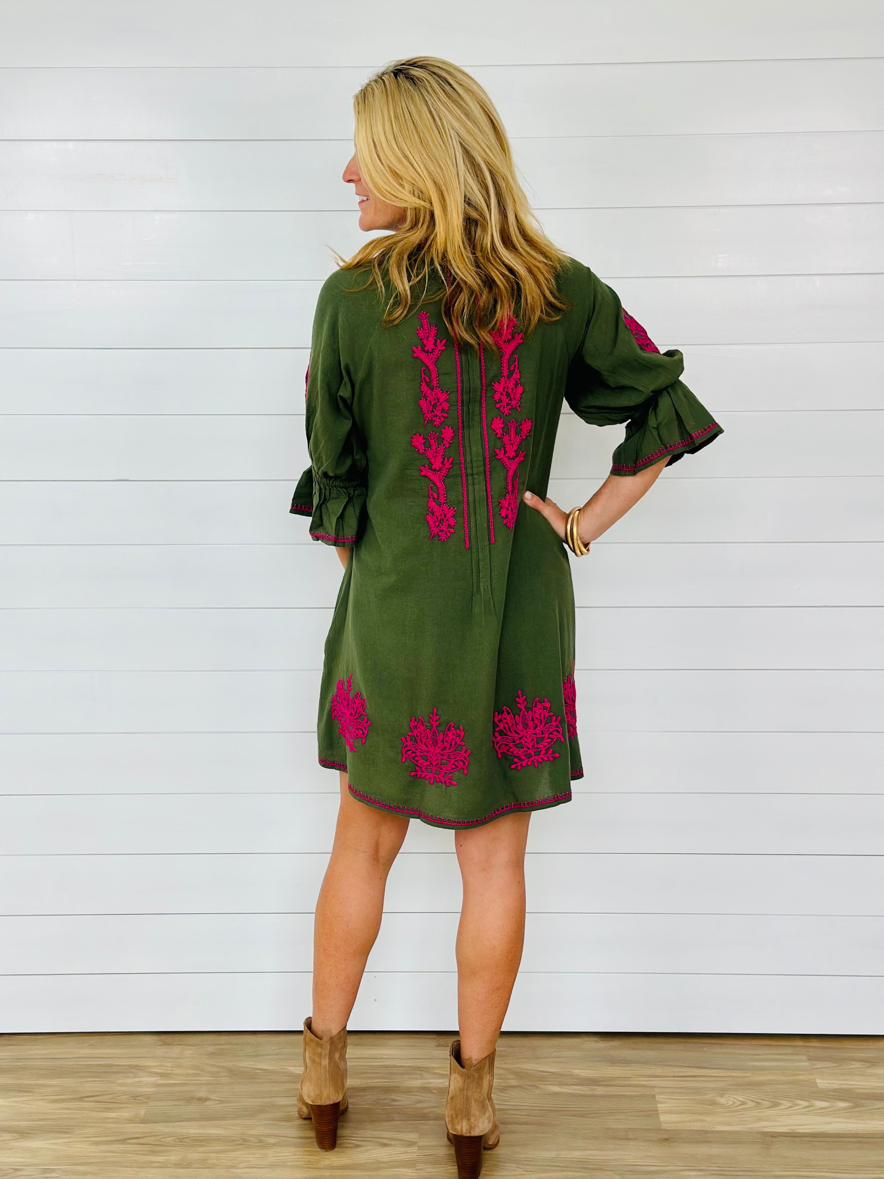 EMBROIDERED FIT & FLAIR DRESS-OLIVE