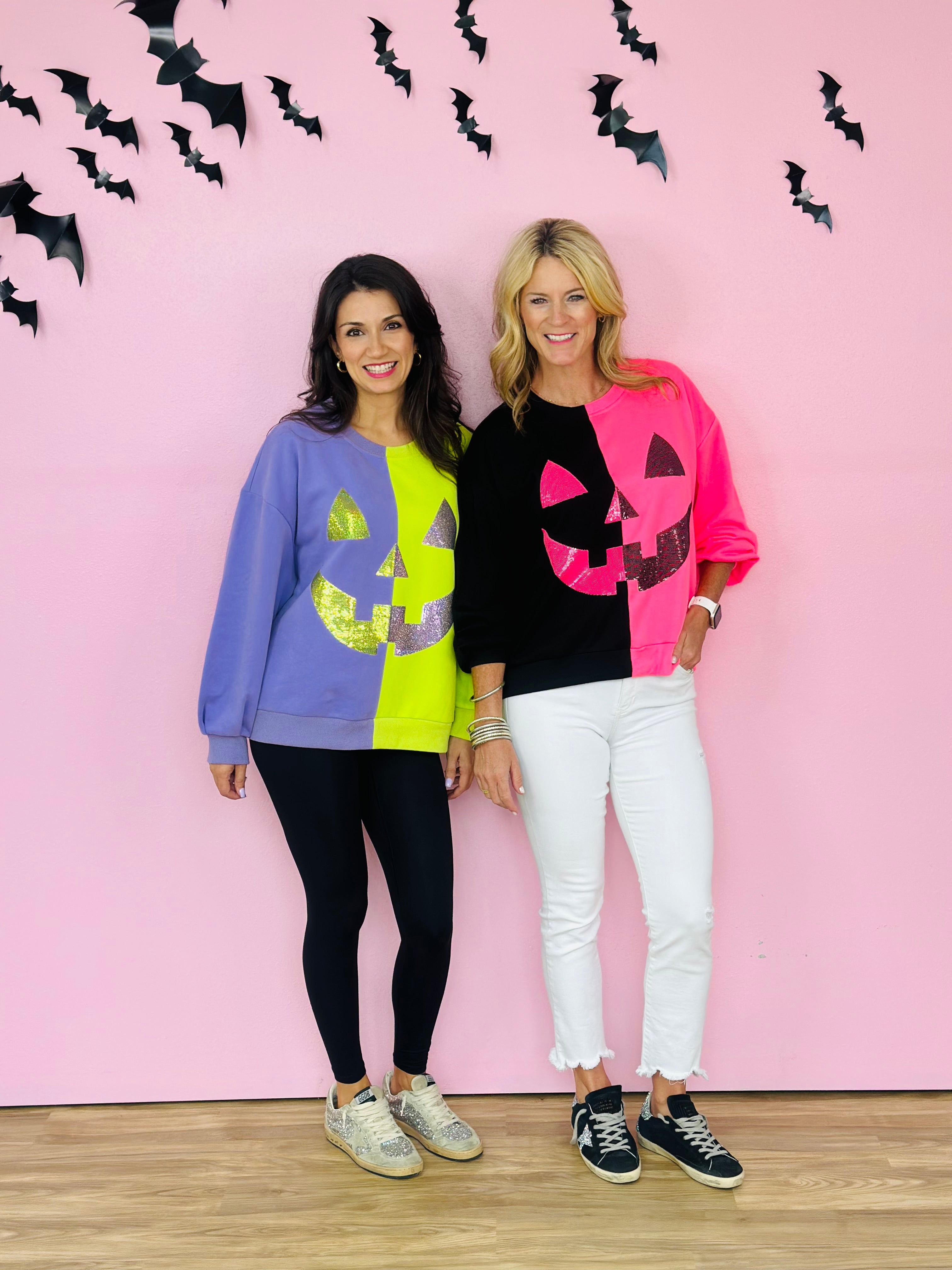 BLACK&NEON PINK SPLIT PUMPKIN FACE SWEATSHIRT