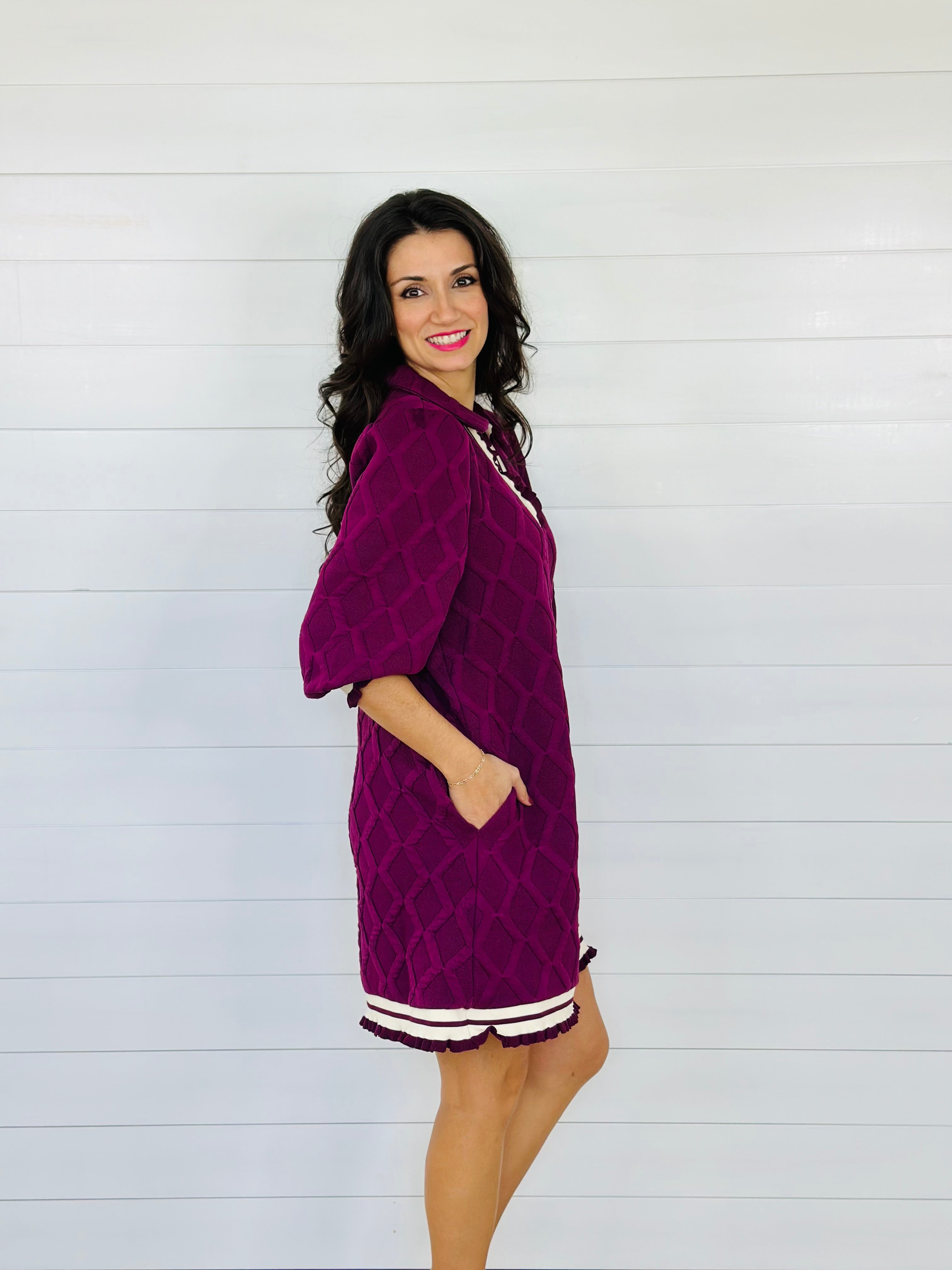 LOVELY LATTICE DRESS-PLUM