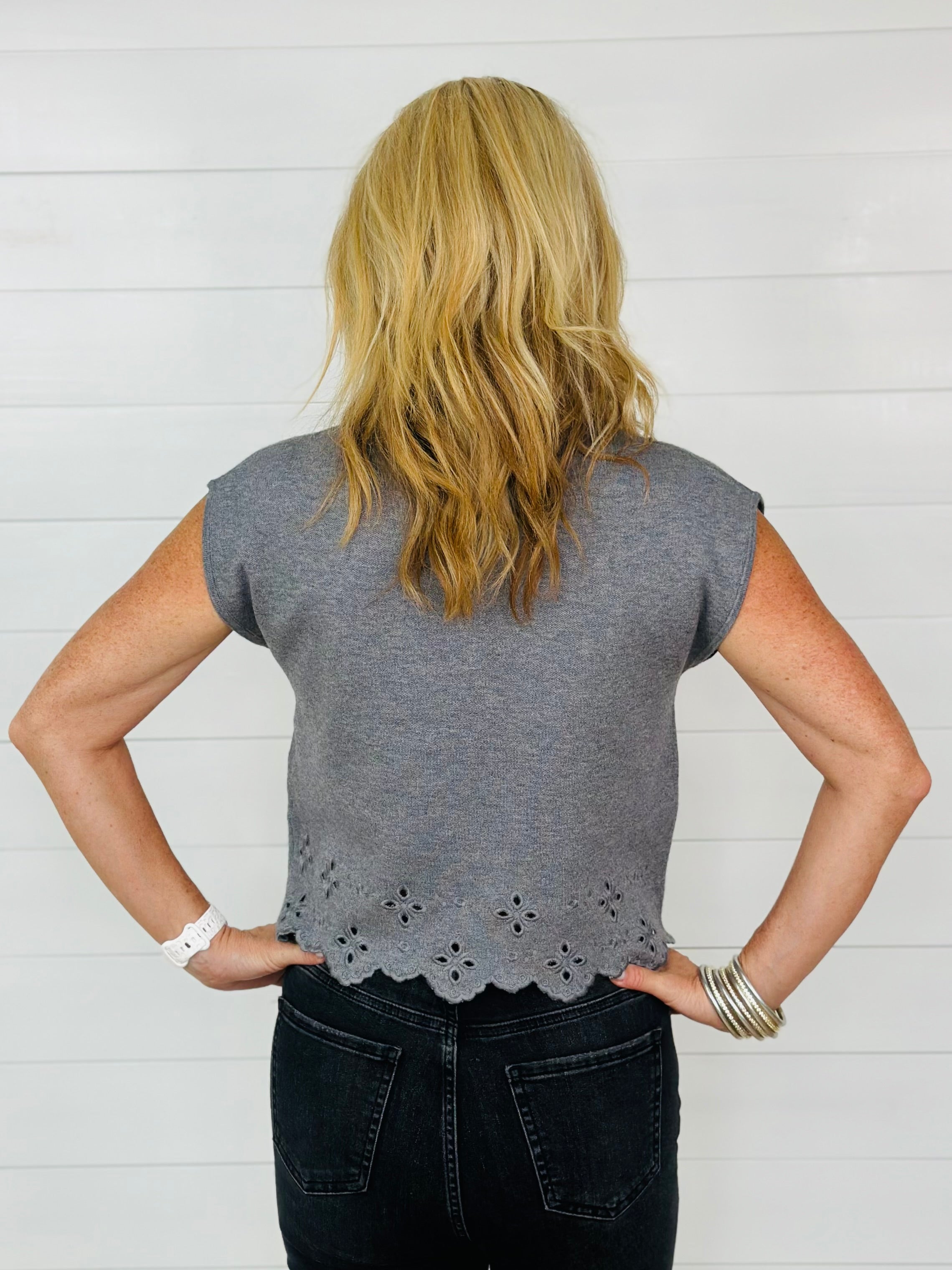 AUTUMN EYELET TOP-CHARCOAL