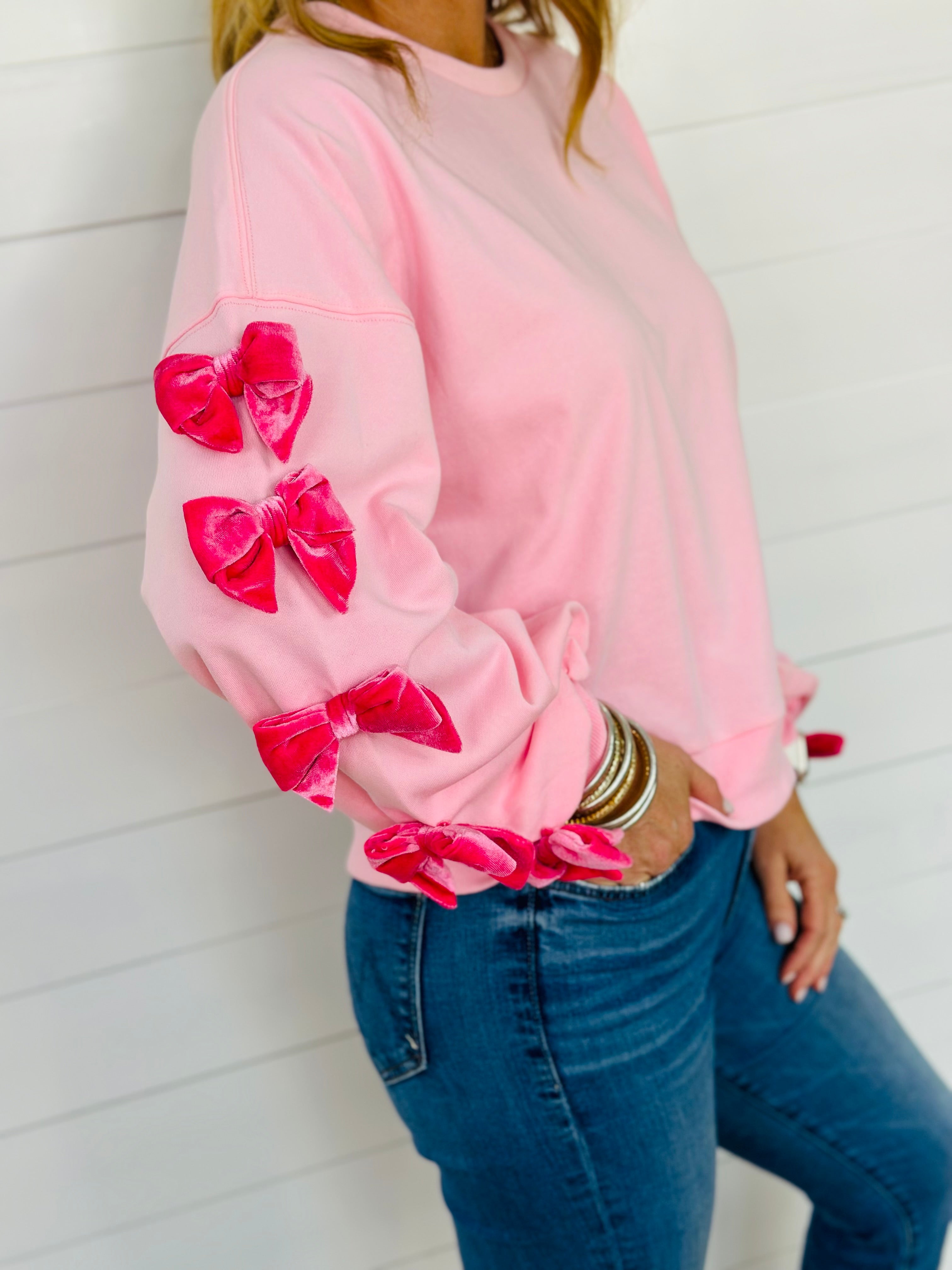 VELVET BOW SLEEVE TOP-PINK