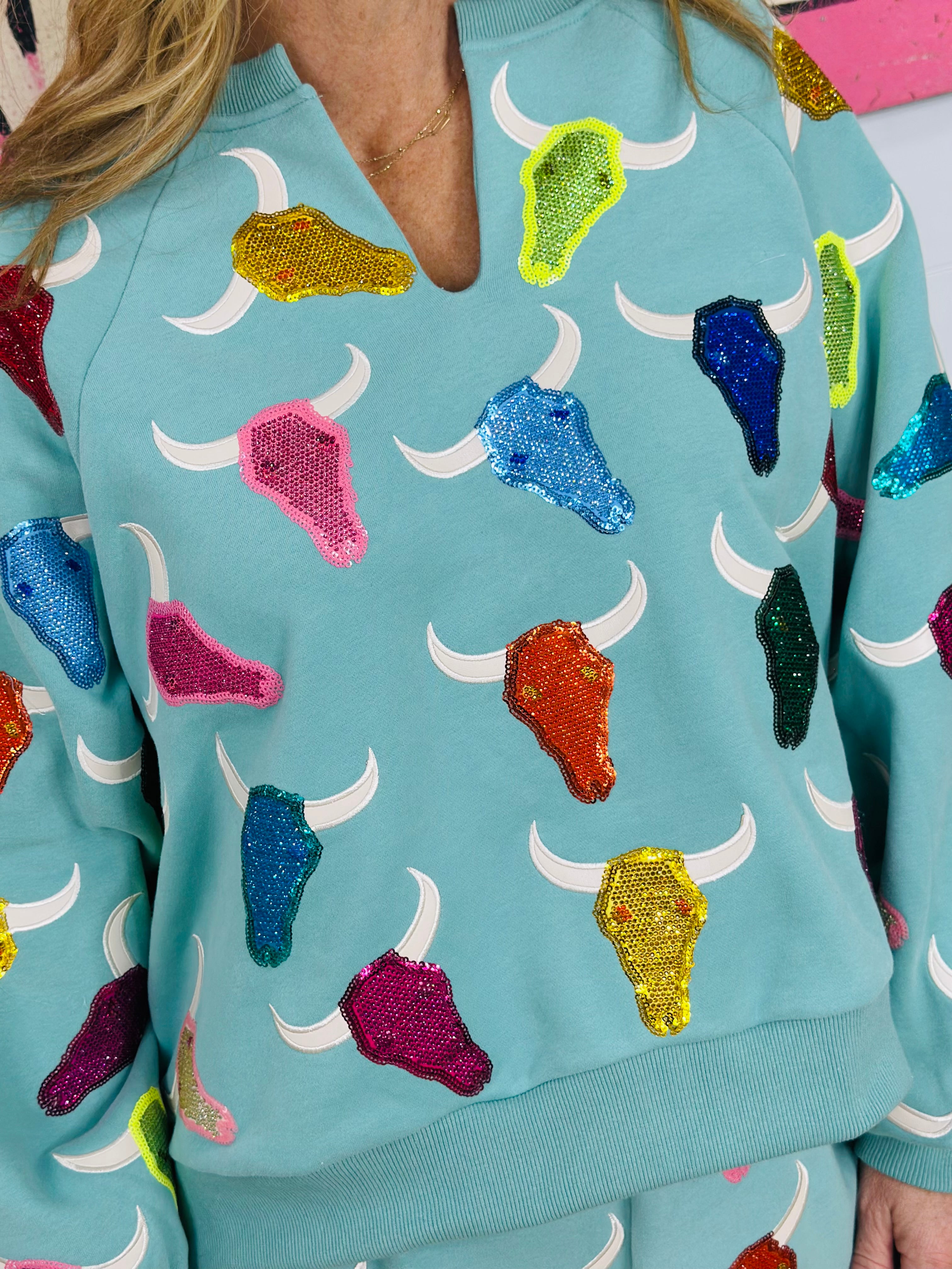 TEAL MULTI BULL HEAD SWEATSHIRT