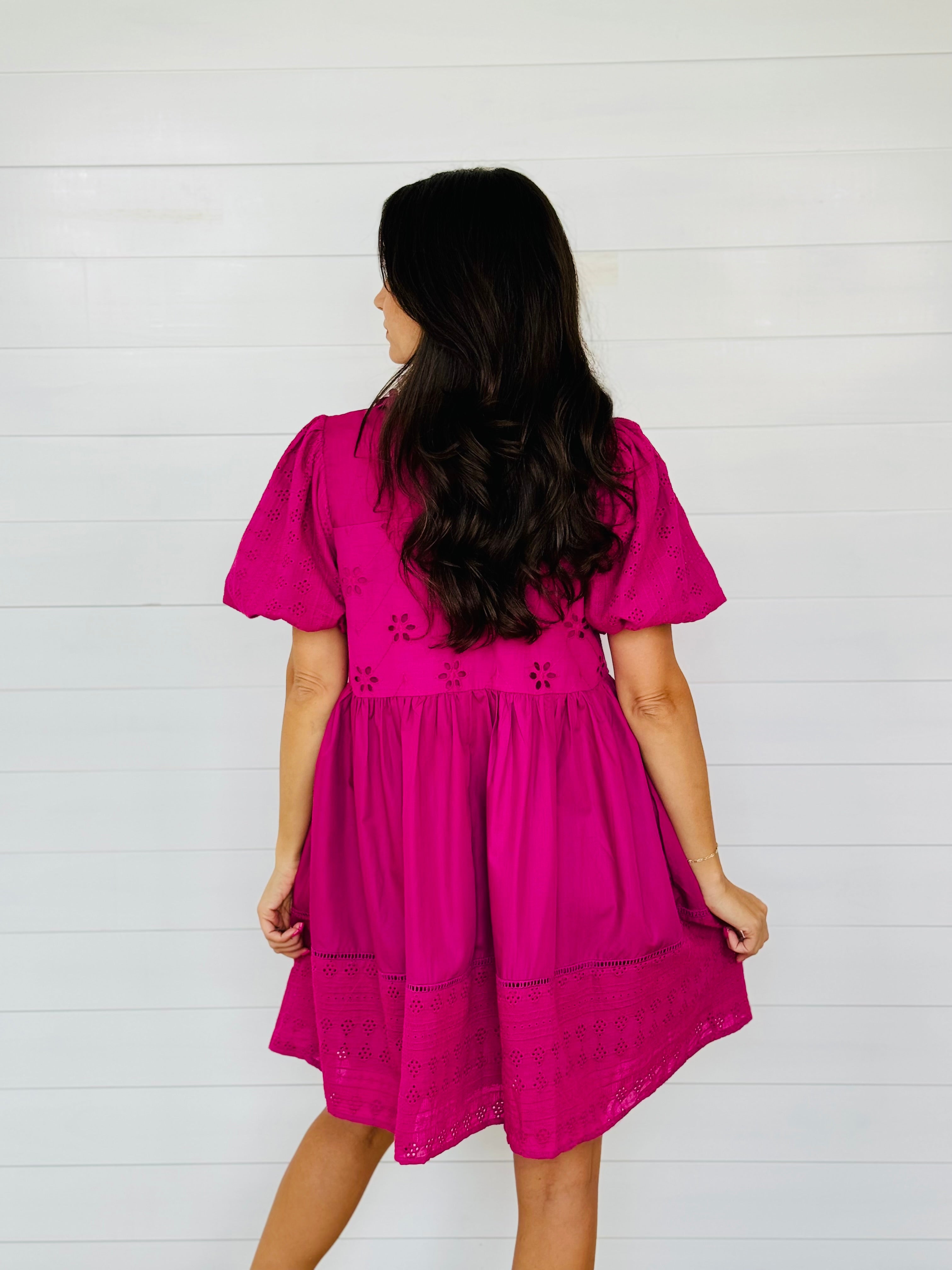 ELISE EYELET DRESS-MAGENTA