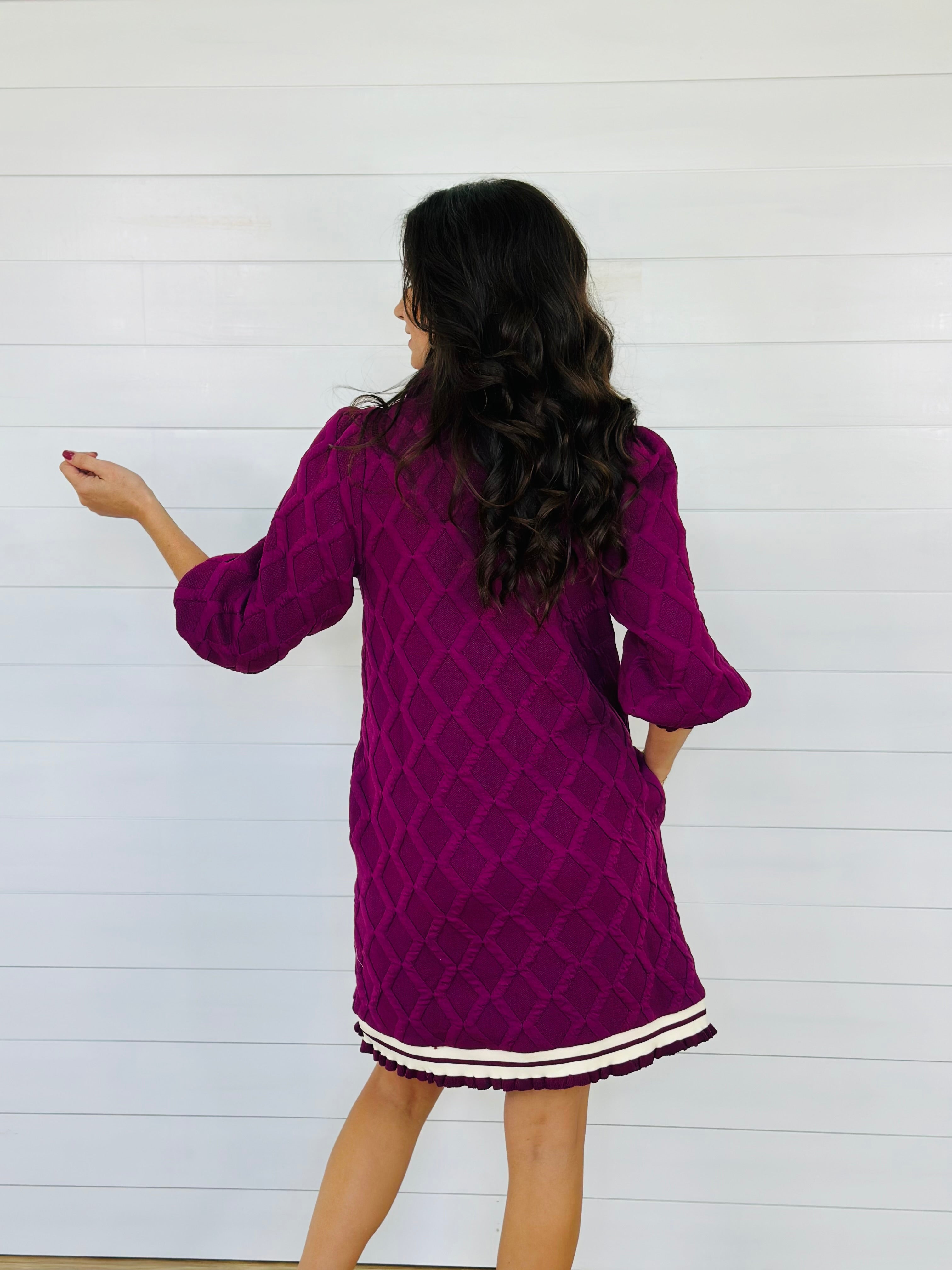 LOVELY LATTICE DRESS-PLUM