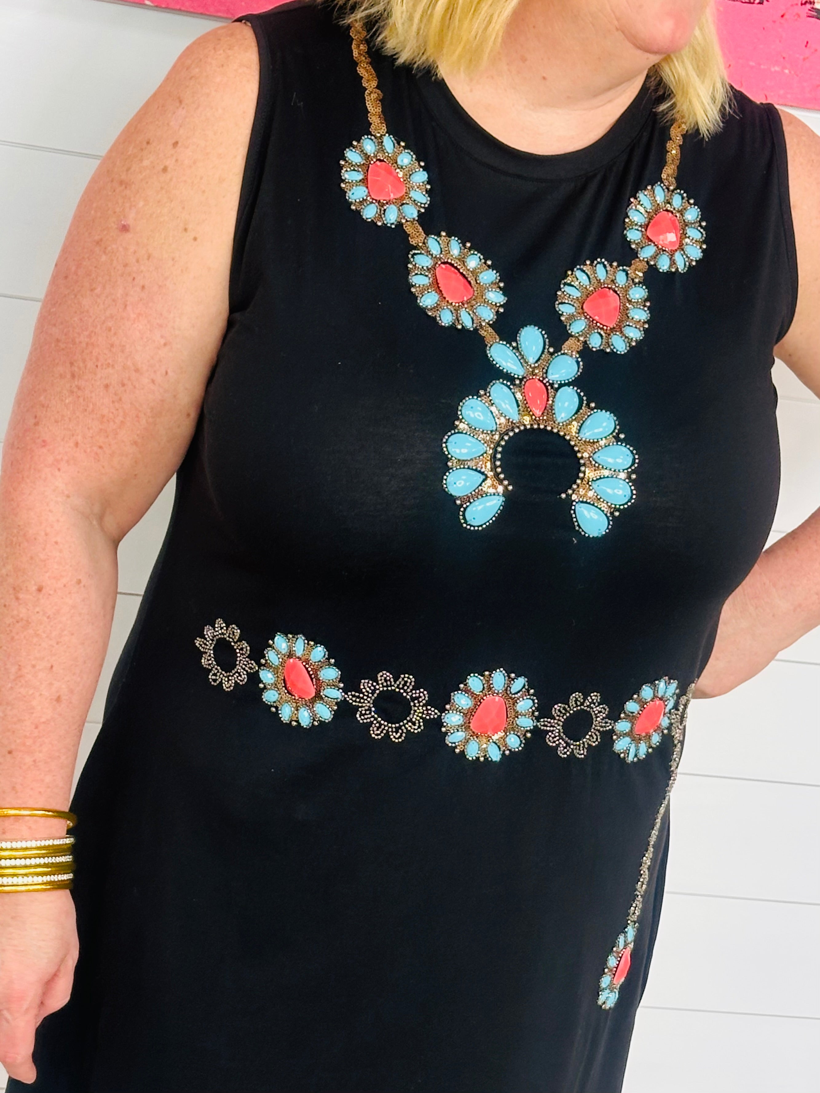 BLACK TURQUOISE NECKLACE & BELT TANK DRESS-PLUS