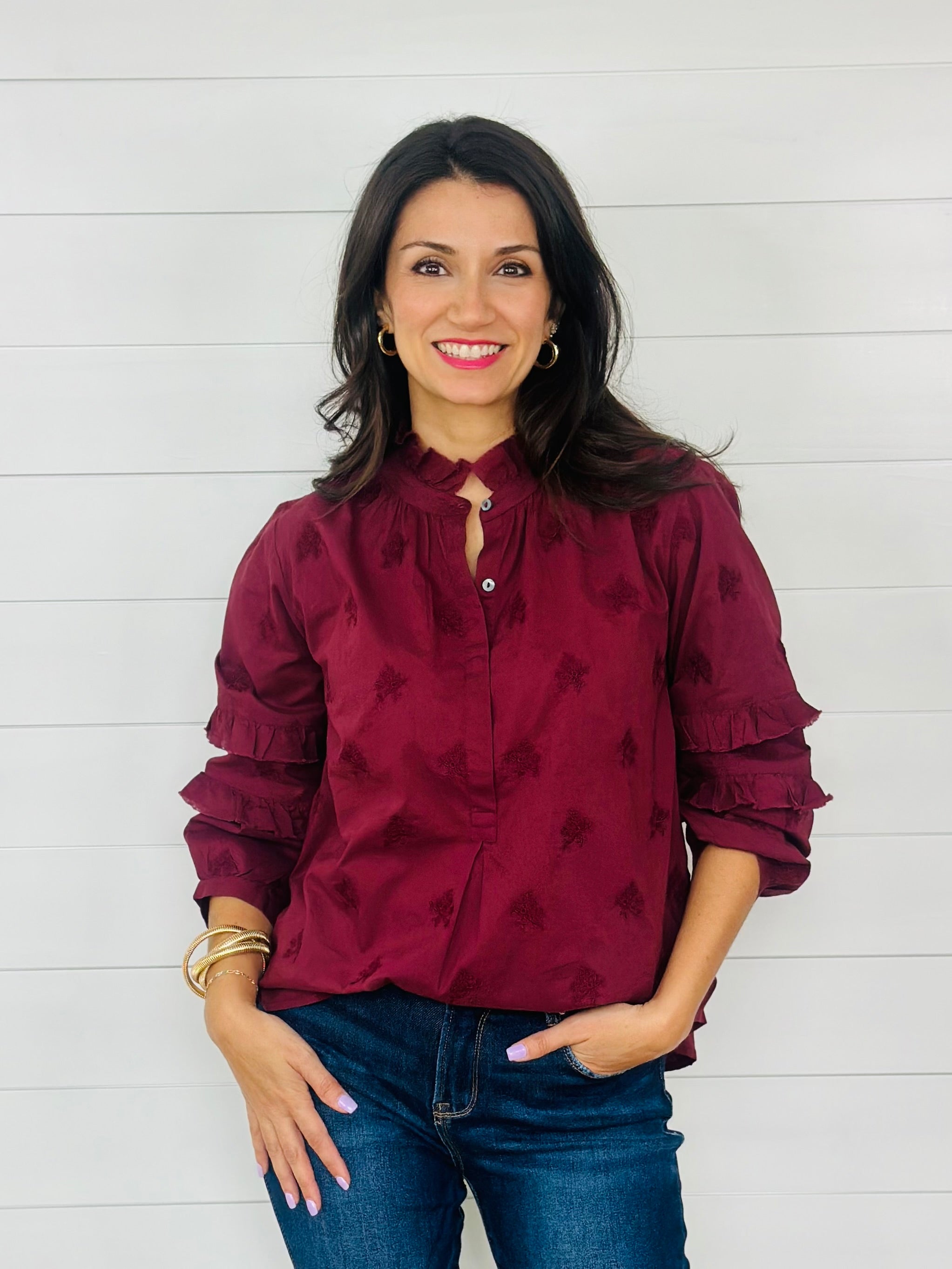 DOUBLE RUFFLE SLEEVE TOP-WINE