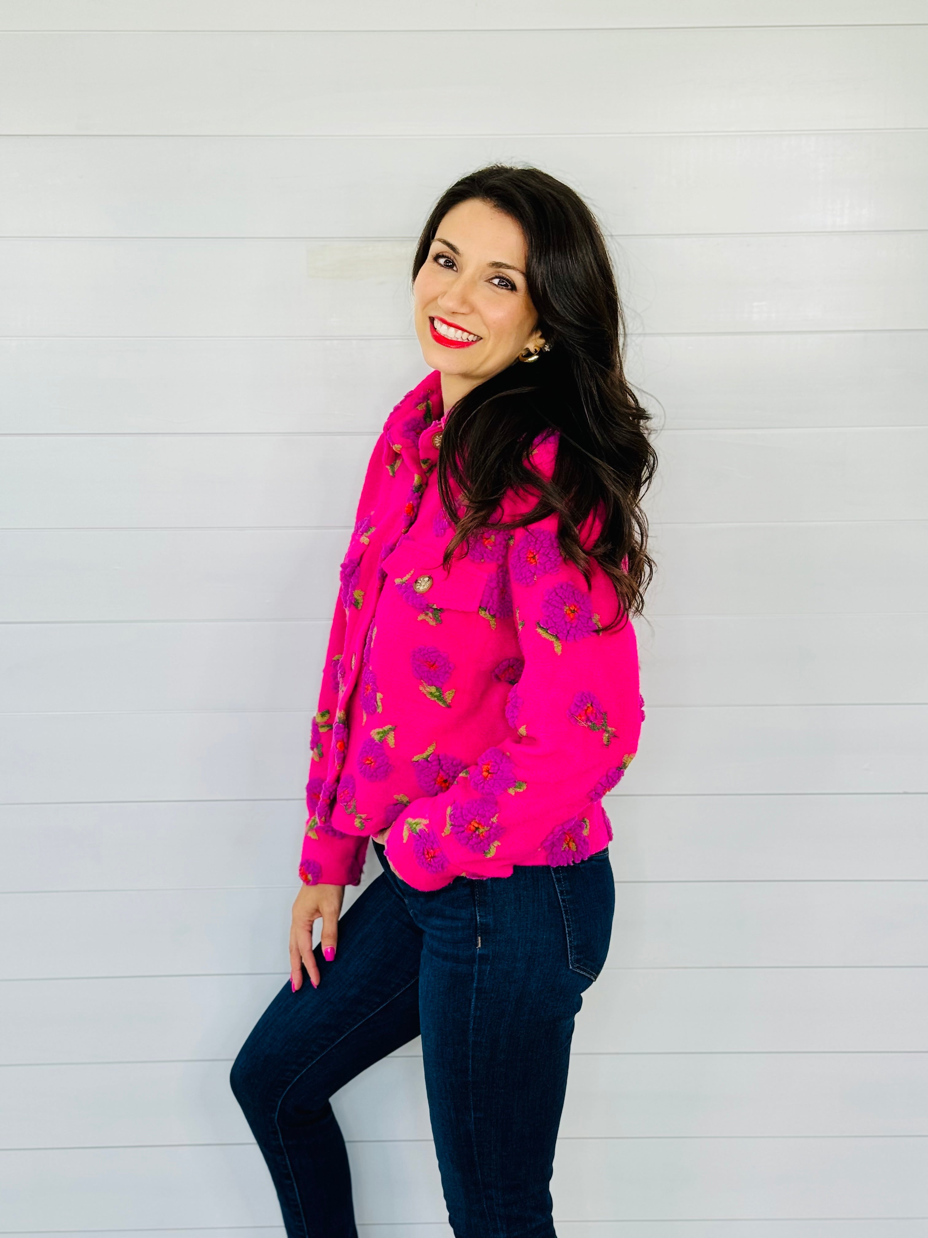 PUFF FLORAL BARN JACKET-FUCHSIA