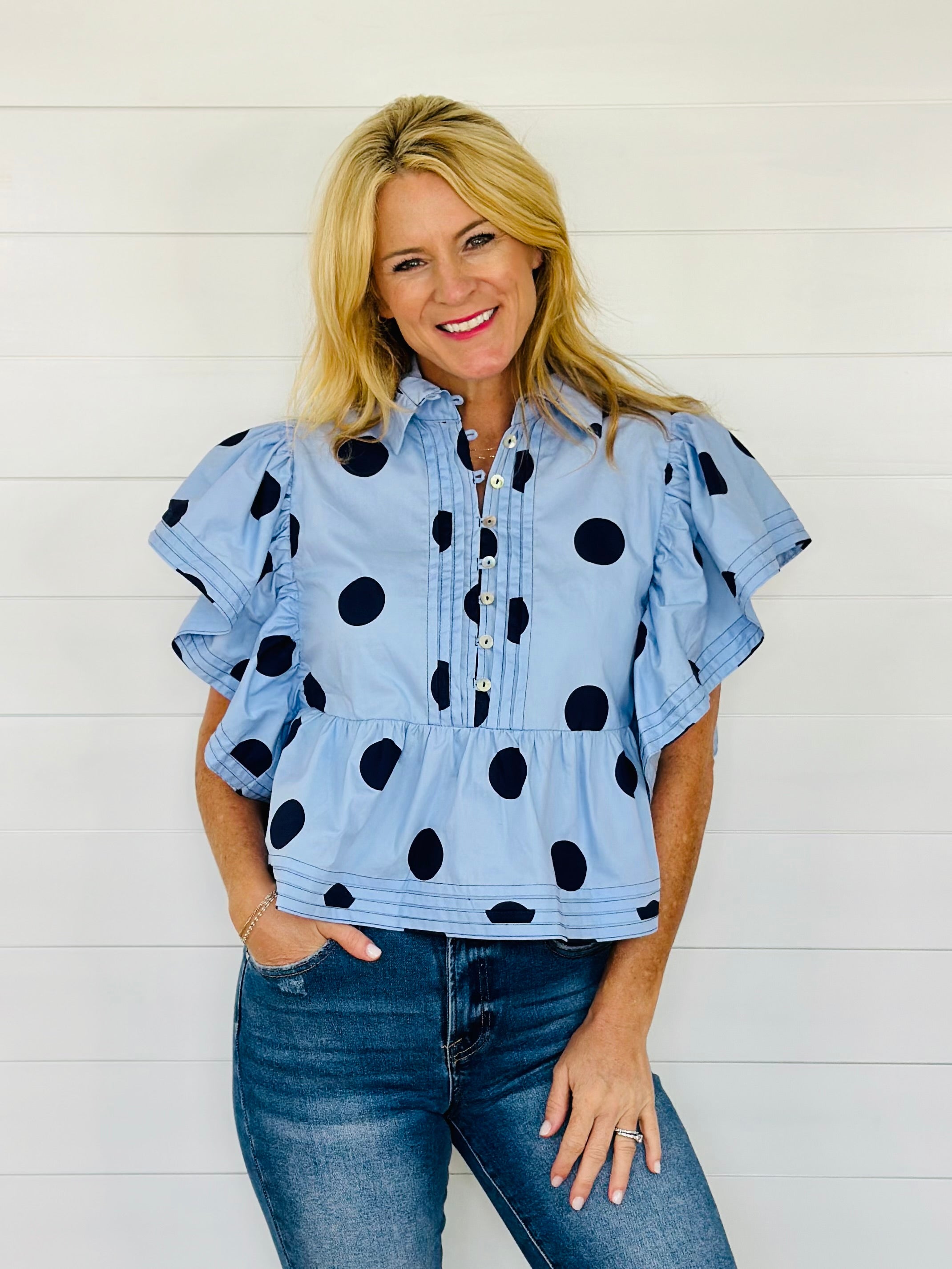 PEYTON POLKA DOT TOP-BLUE