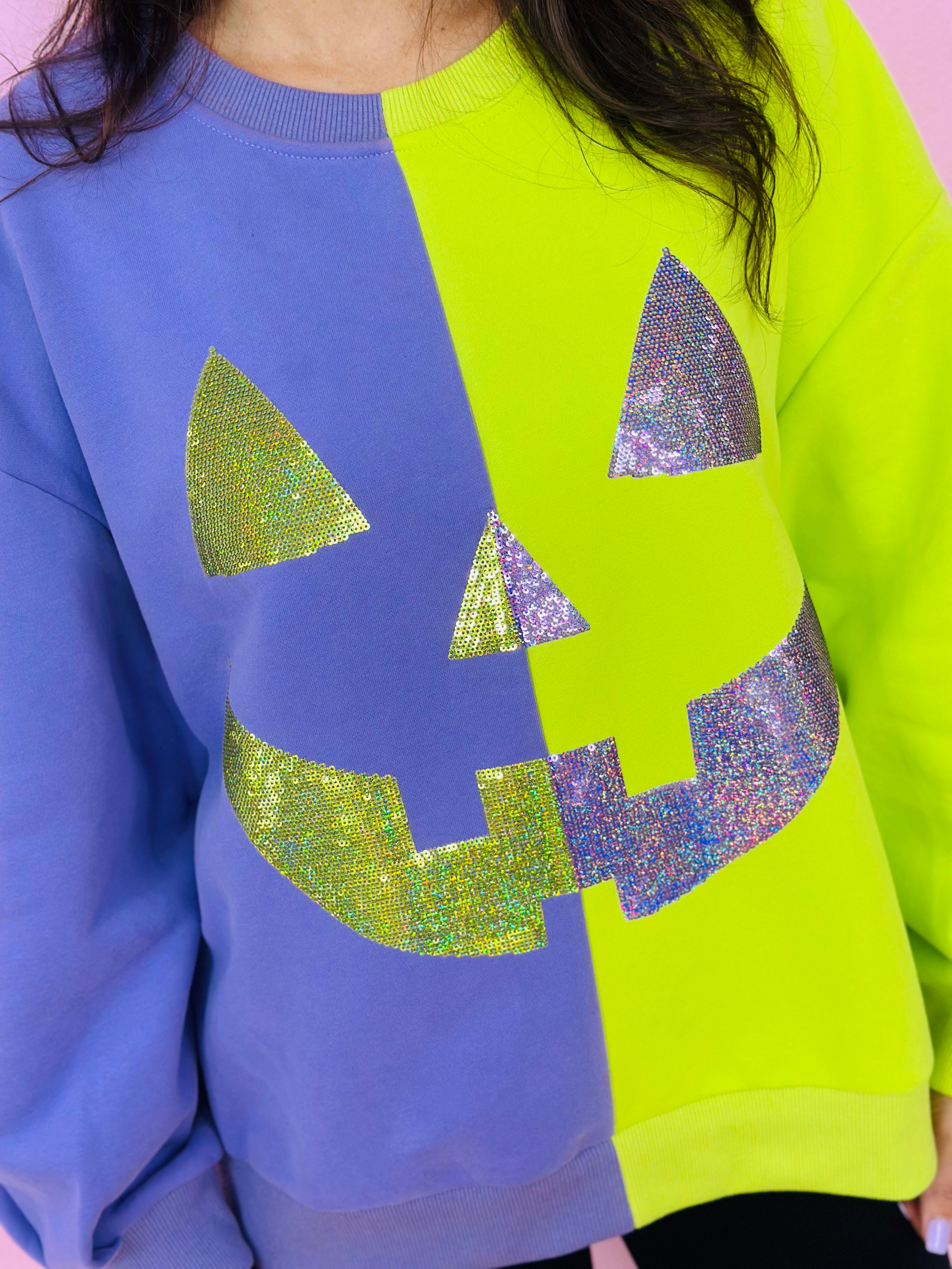 PURPLE&NEON GREEN SPLIT PUMPKIN FACE SWEATSHIRT