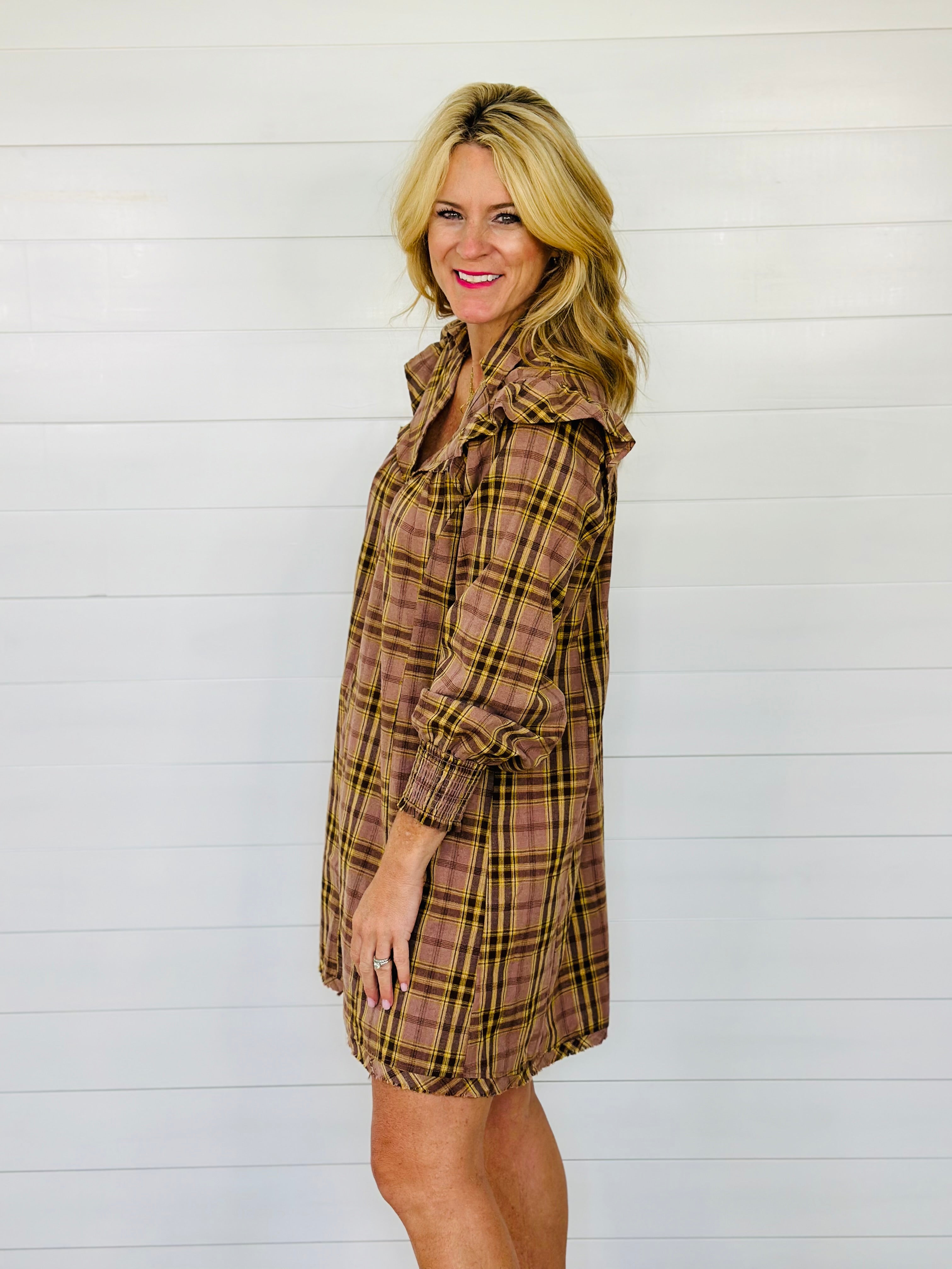 HARVEST PLAID DRESS-TAUPE