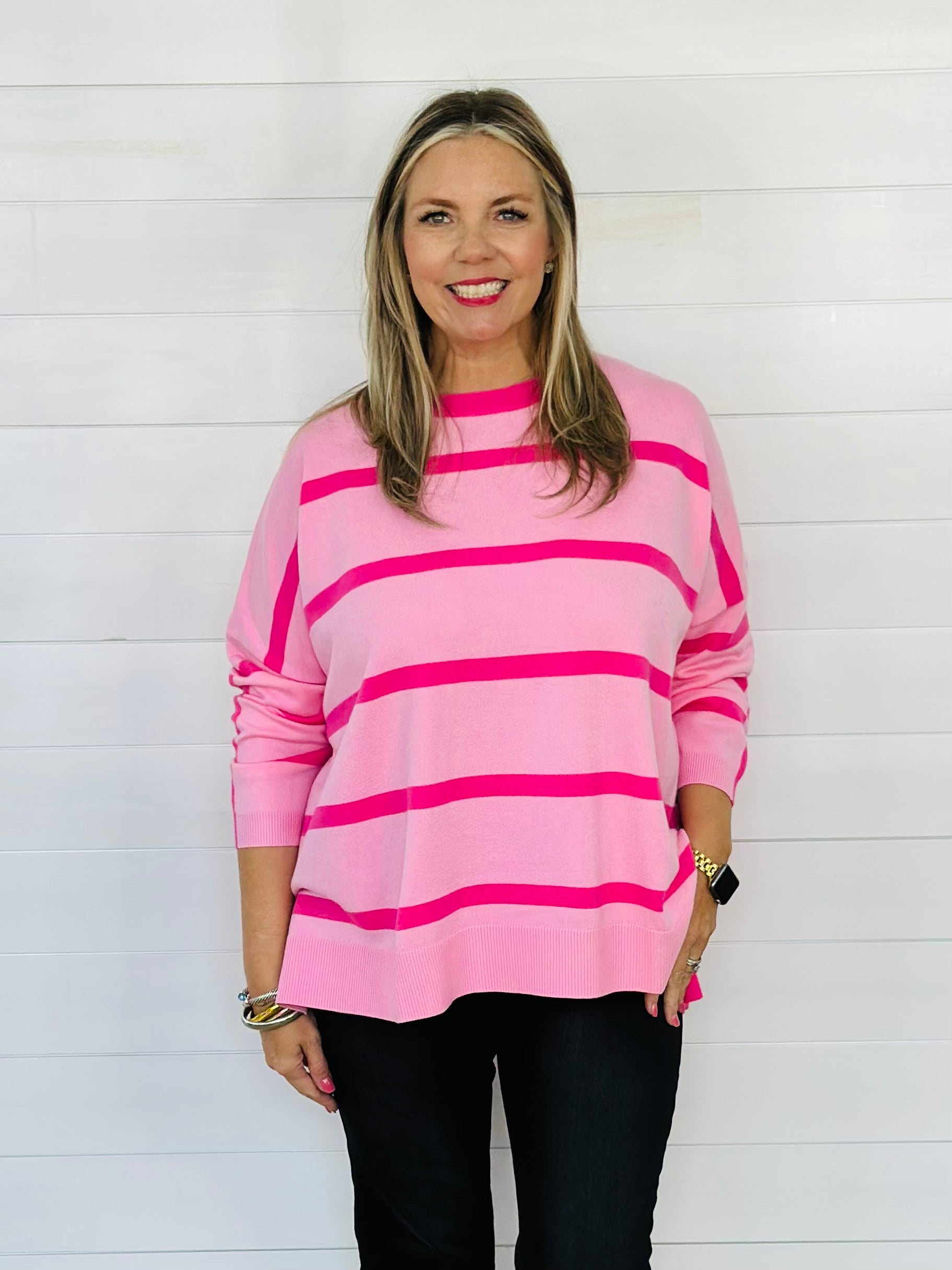 SHERIDAN STRIPE SWEATER TOP-PINK/HOT PINK