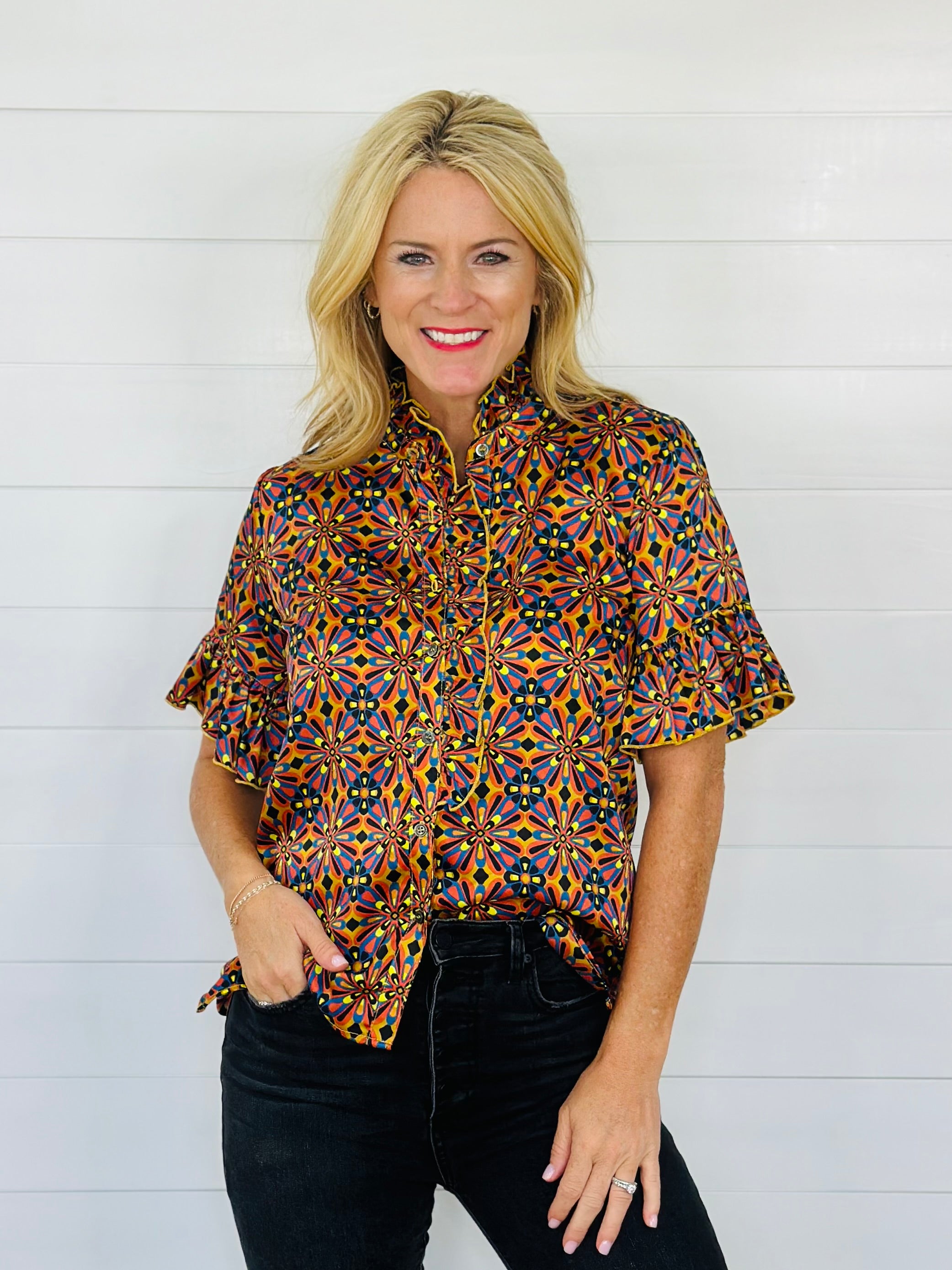 SATIN RUFFLE SHIRT-MULTI