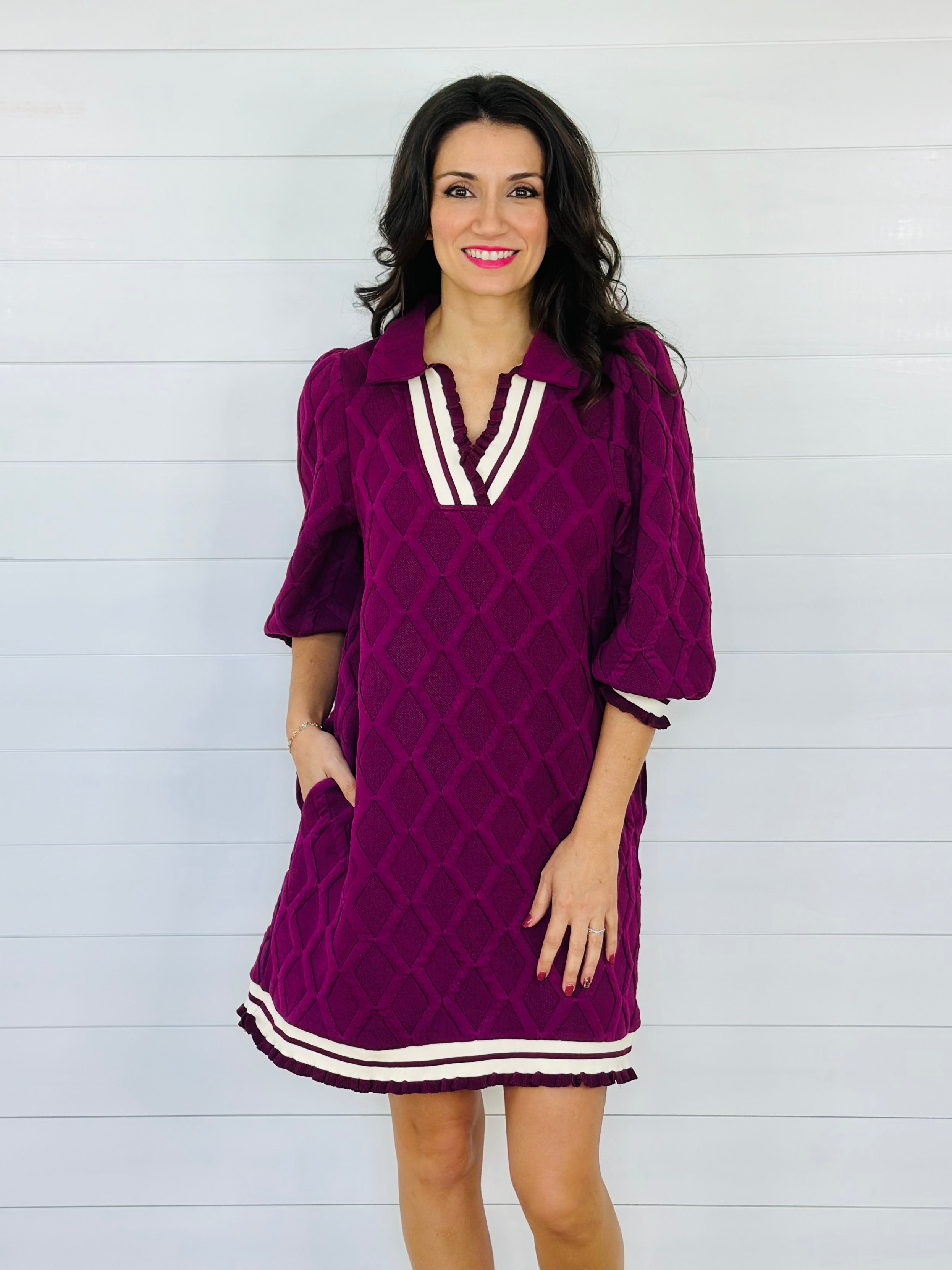 LOVELY LATTICE DRESS-PLUM