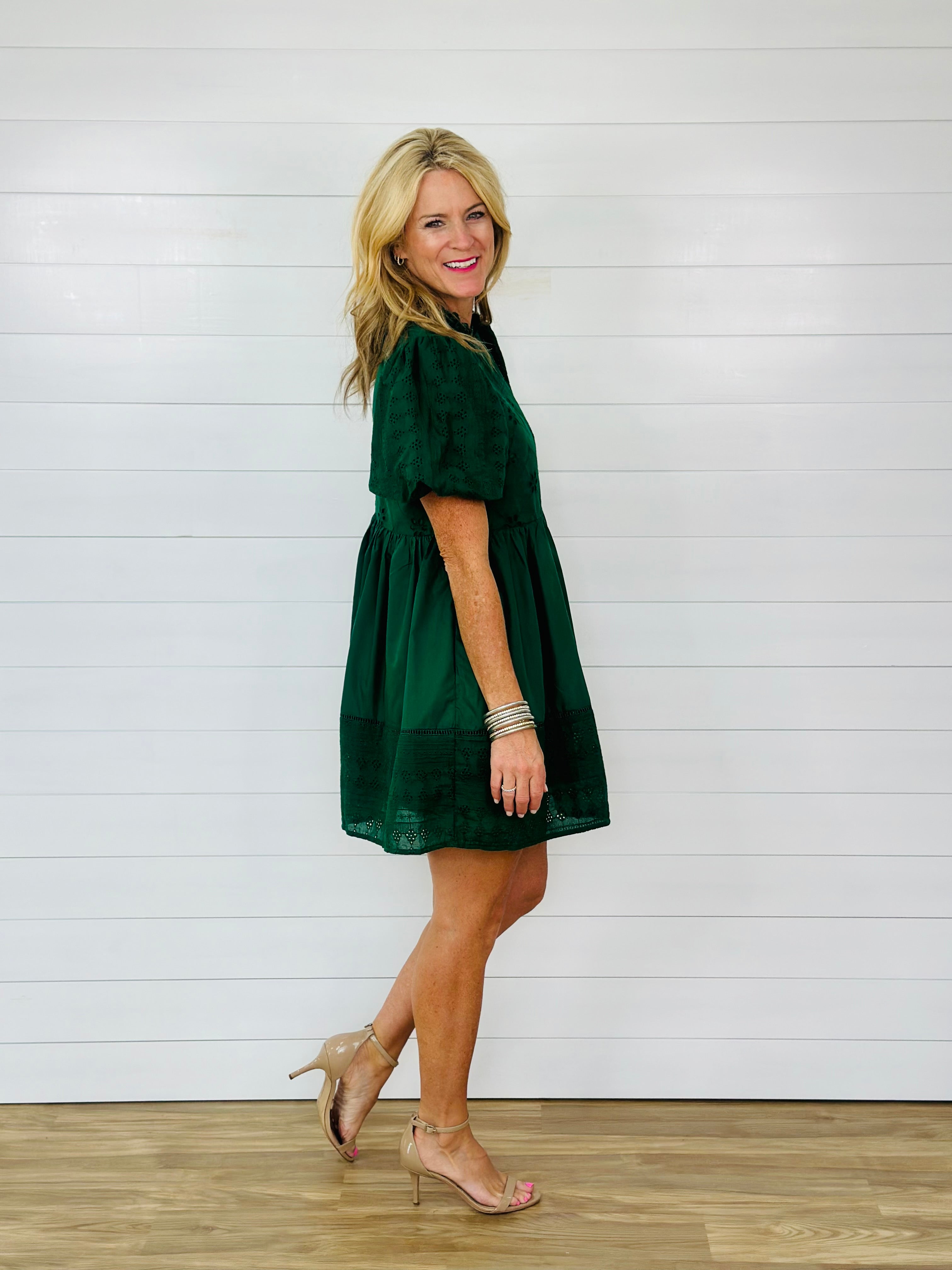 ELISE EYELET DRESS-FOREST GREEN