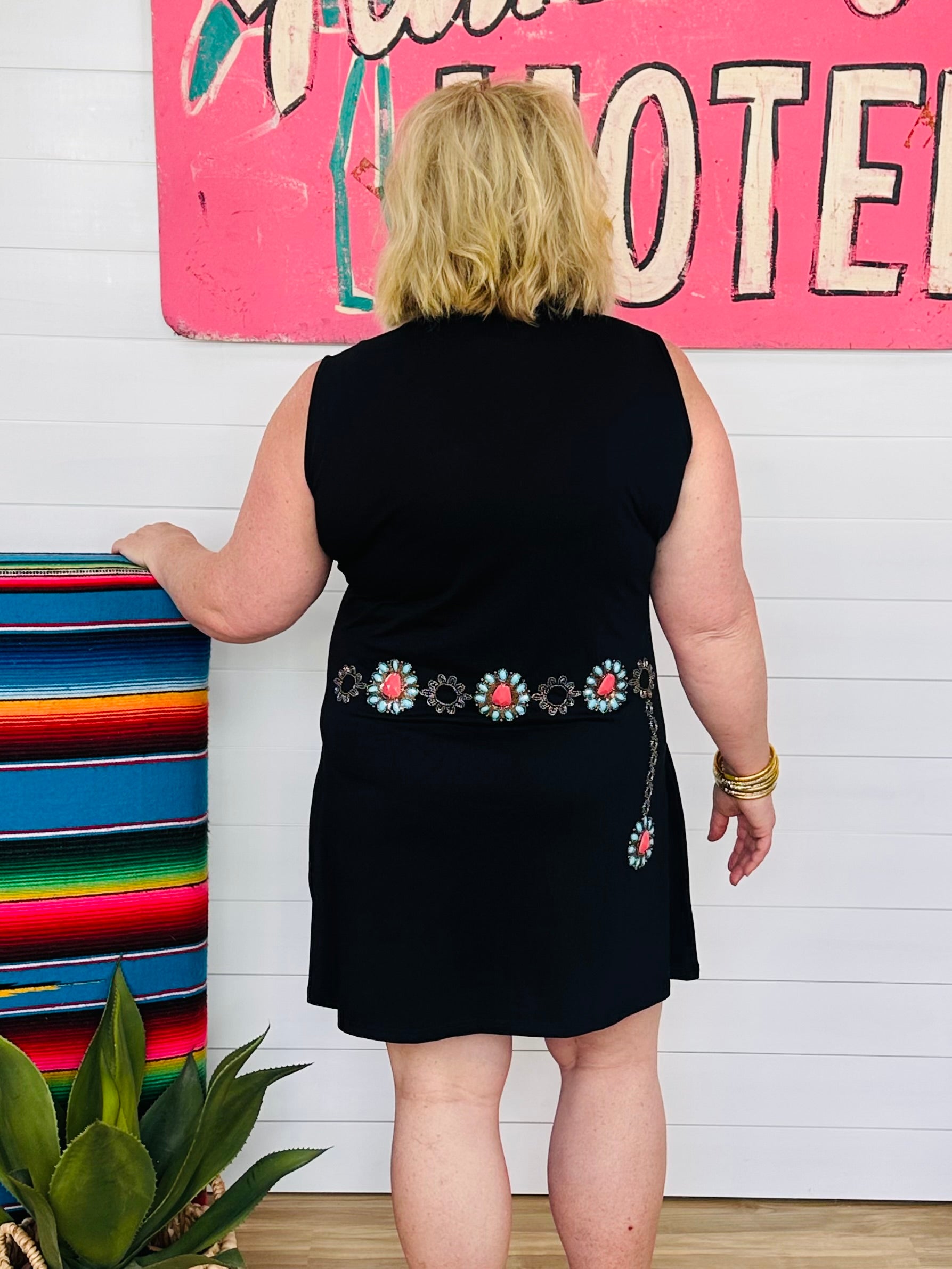 BLACK TURQUOISE NECKLACE & BELT TANK DRESS-PLUS