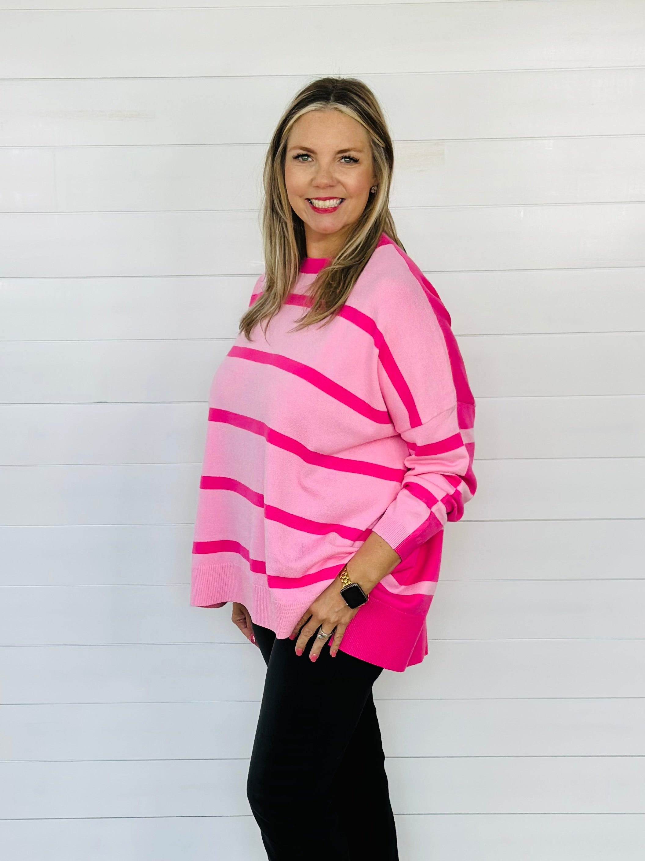 SHERIDAN STRIPE SWEATER TOP-PINK/HOT PINK