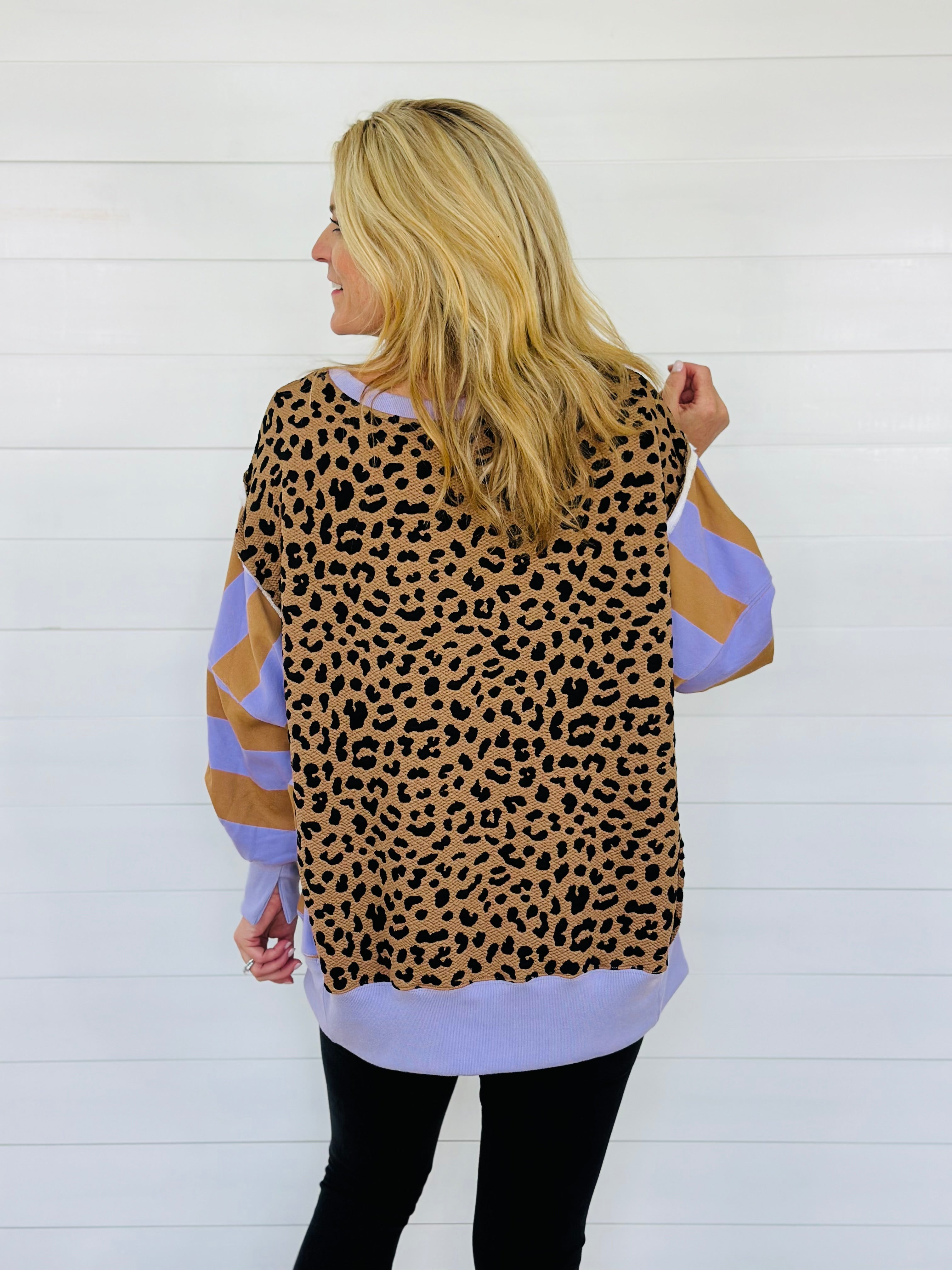 MIXED UP LEOPARD TOP-LAVENDER