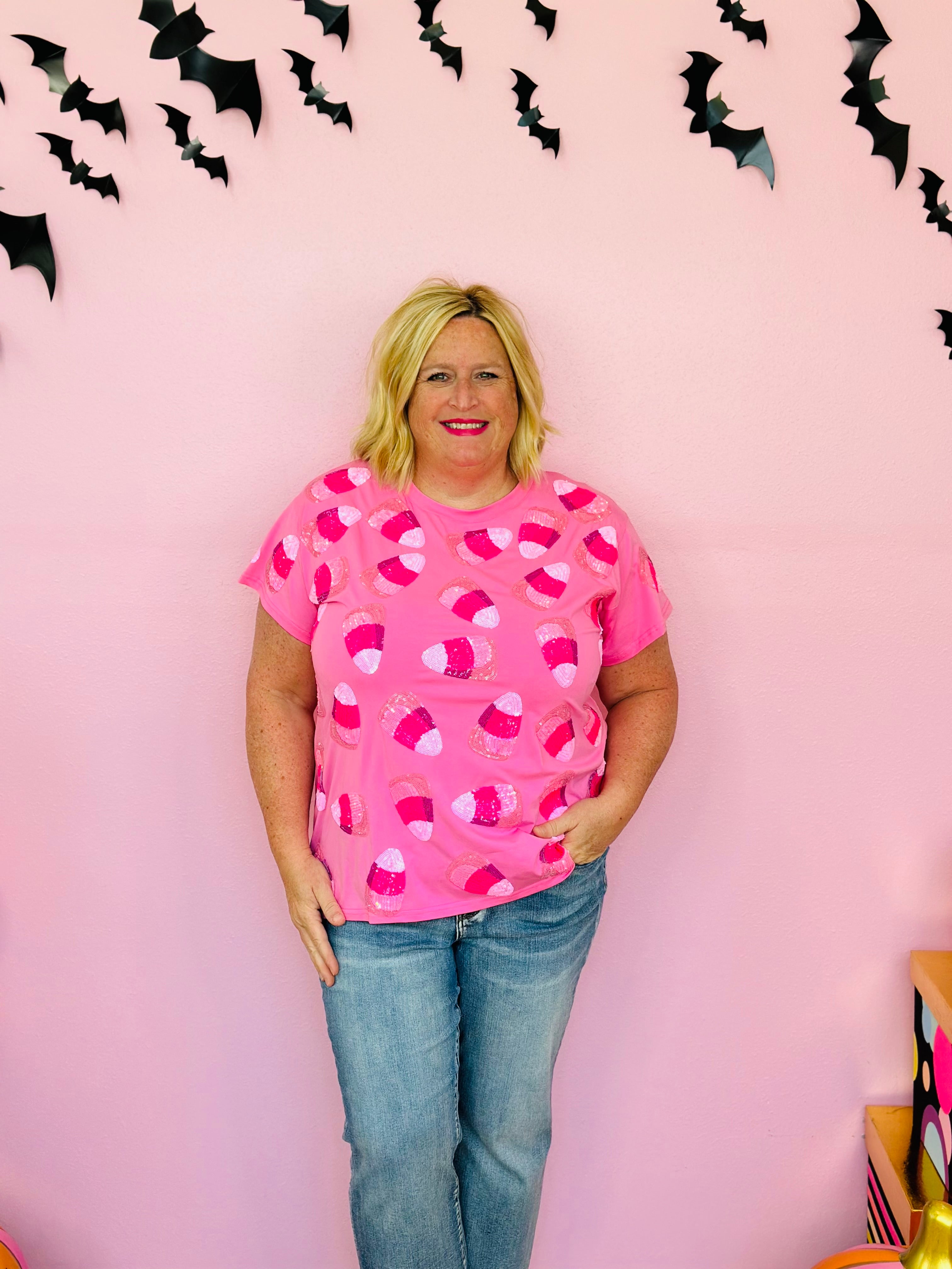 PINK CANDY CORN TEE-PLUS