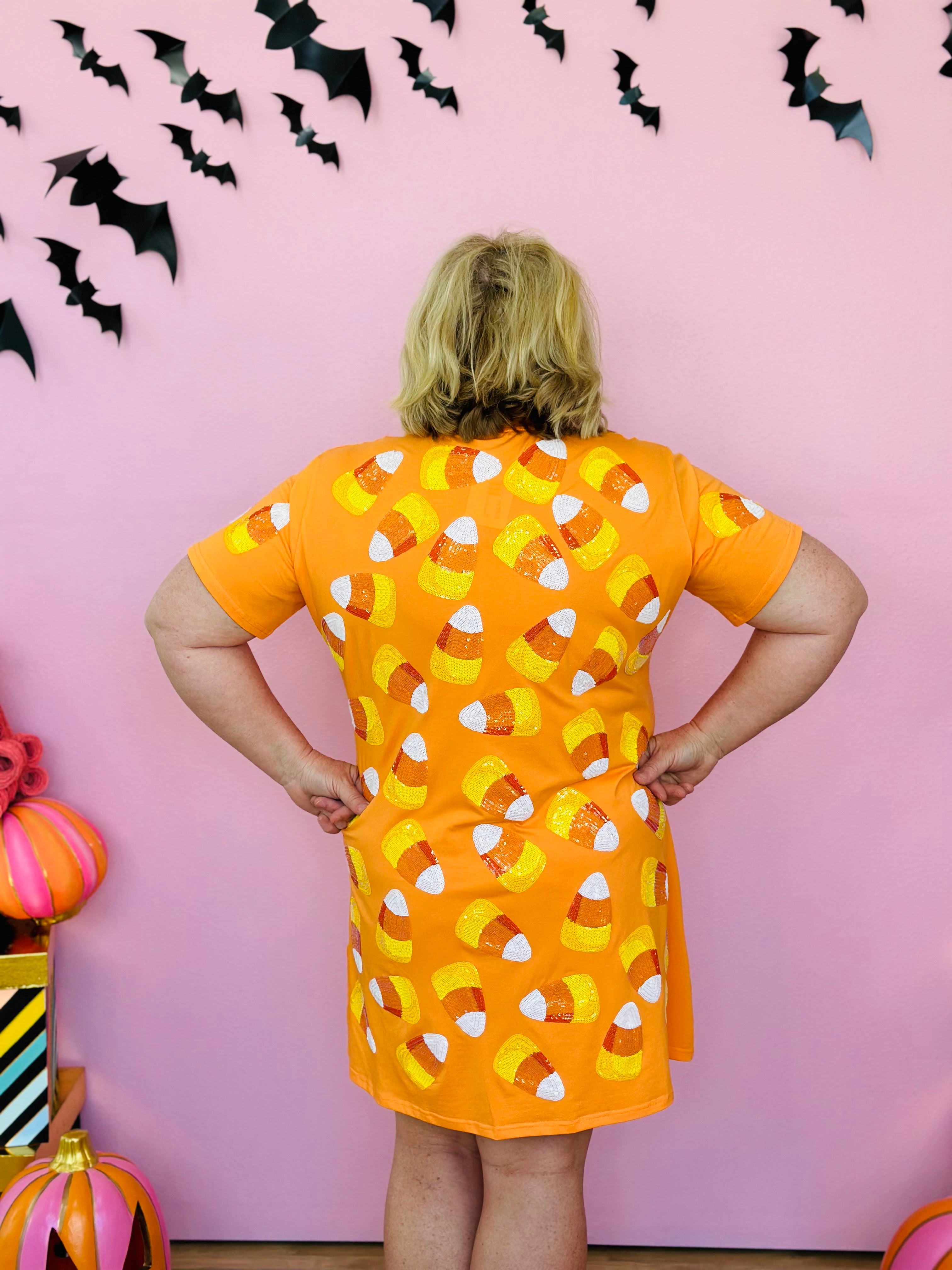 ORANGE CANDY CORN TEE DRESS-PLUS