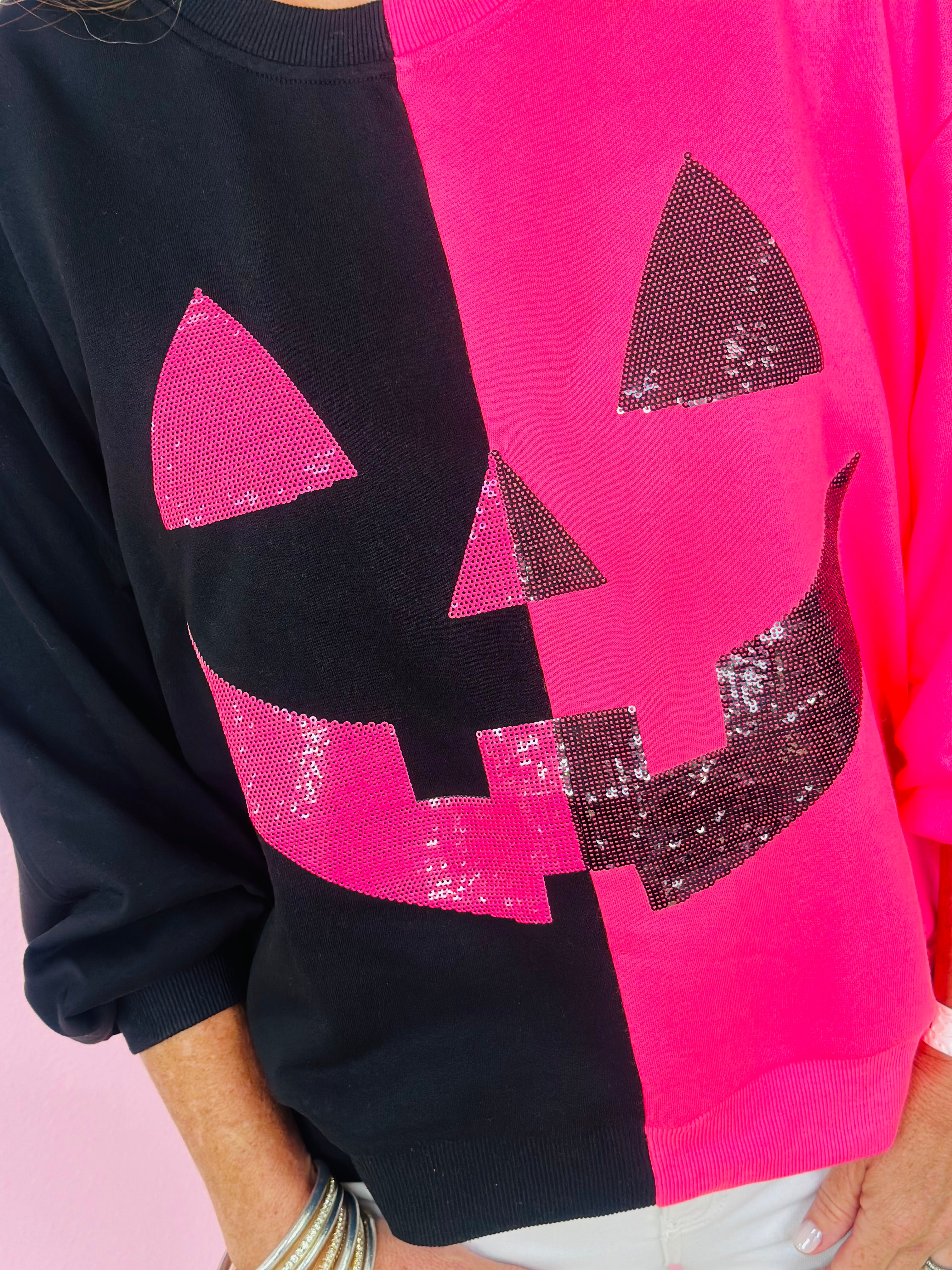 BLACK&NEON PINK SPLIT PUMPKIN FACE SWEATSHIRT