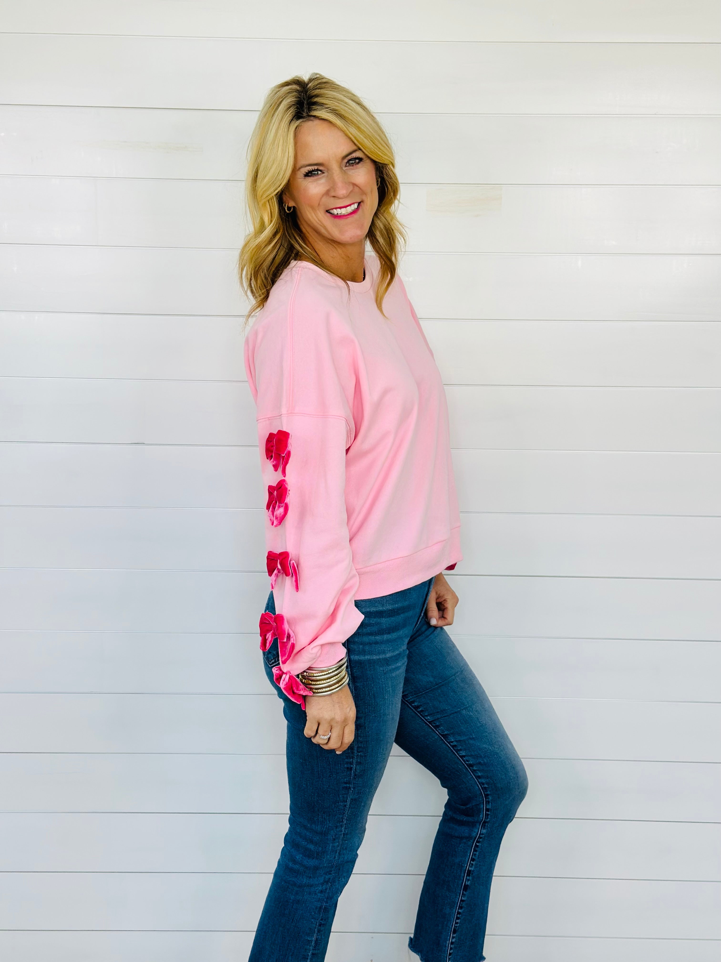 VELVET BOW SLEEVE TOP-PINK