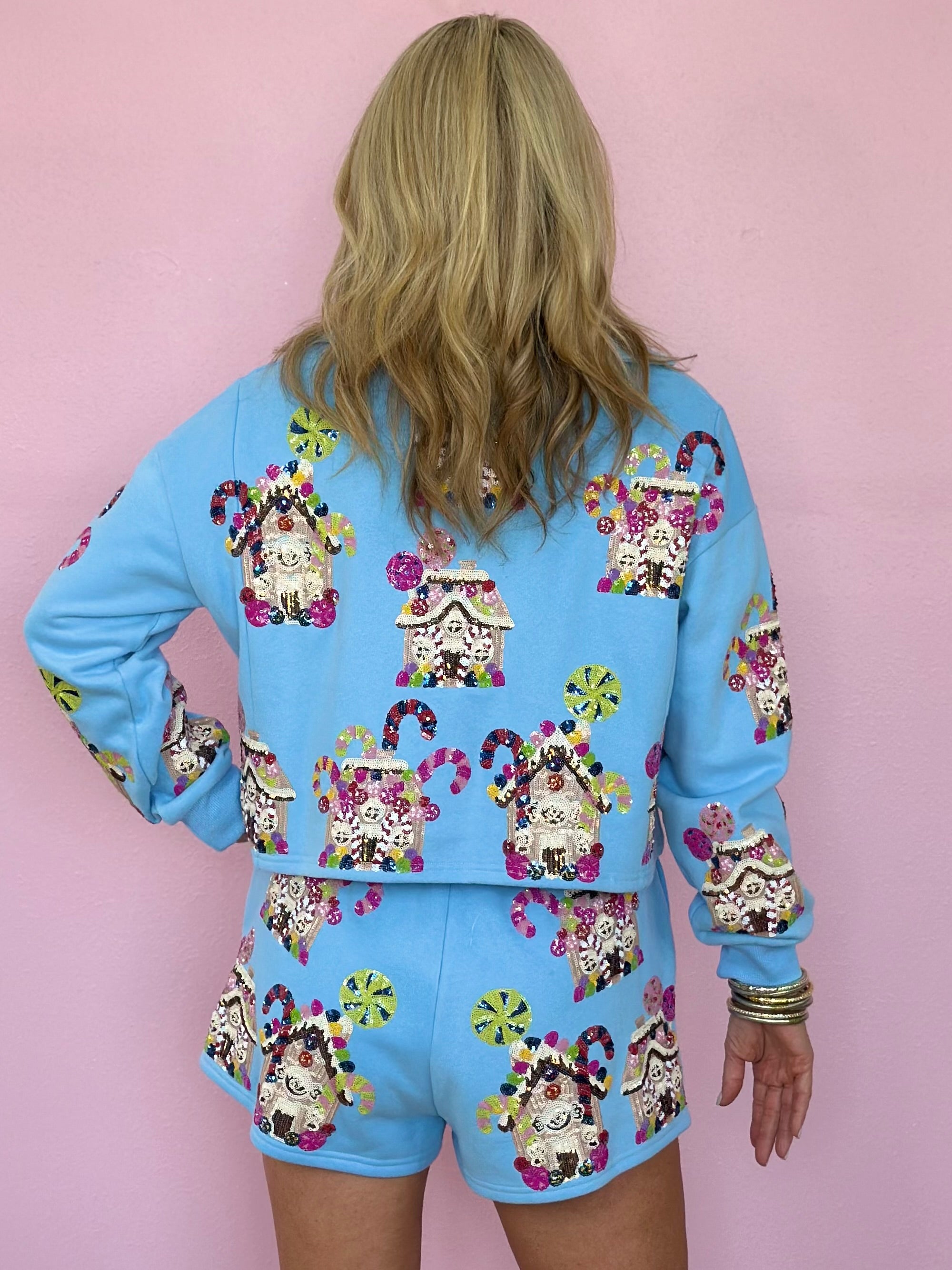 LT BLUE GINGERBREAD HOUSES COLLAR SWEATSHIRT