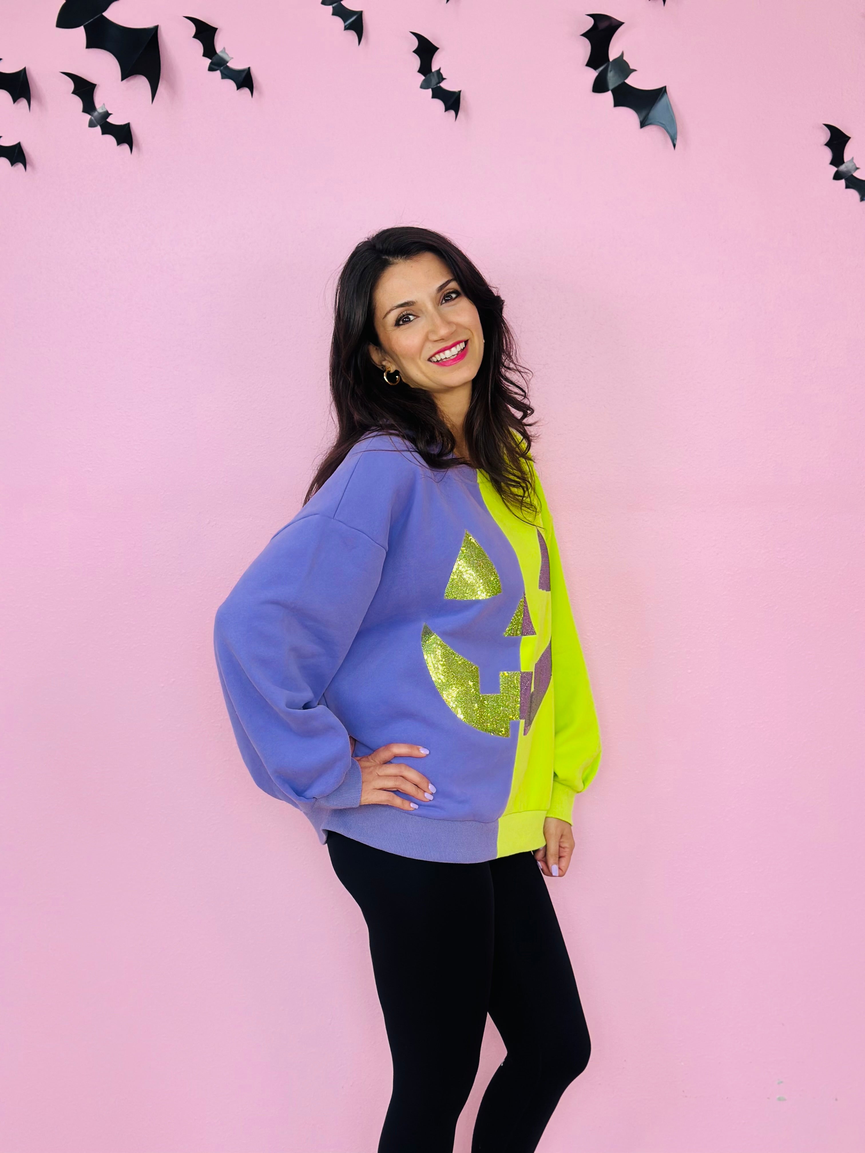 PURPLE&NEON GREEN SPLIT PUMPKIN FACE SWEATSHIRT