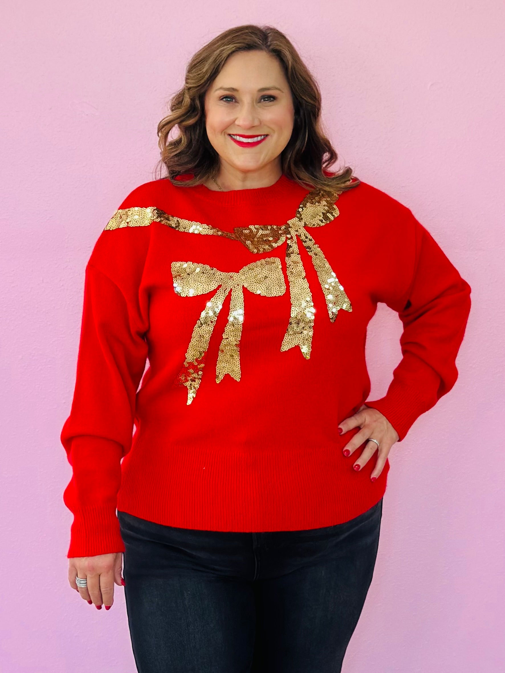 GOLD SEQUIN BOWS SWEATER-RED