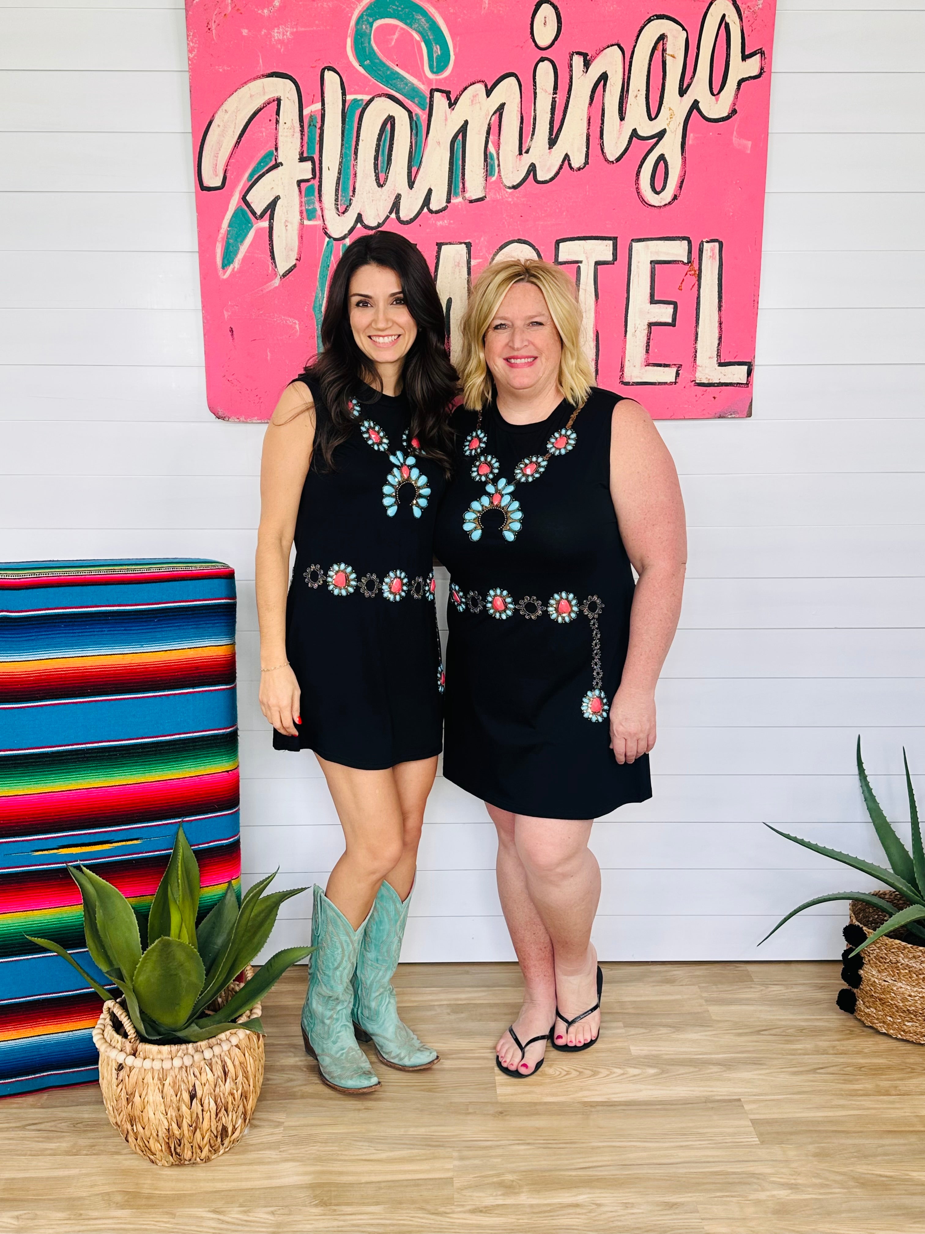 BLACK TURQUOISE NECKLACE & BELT TANK DRESS