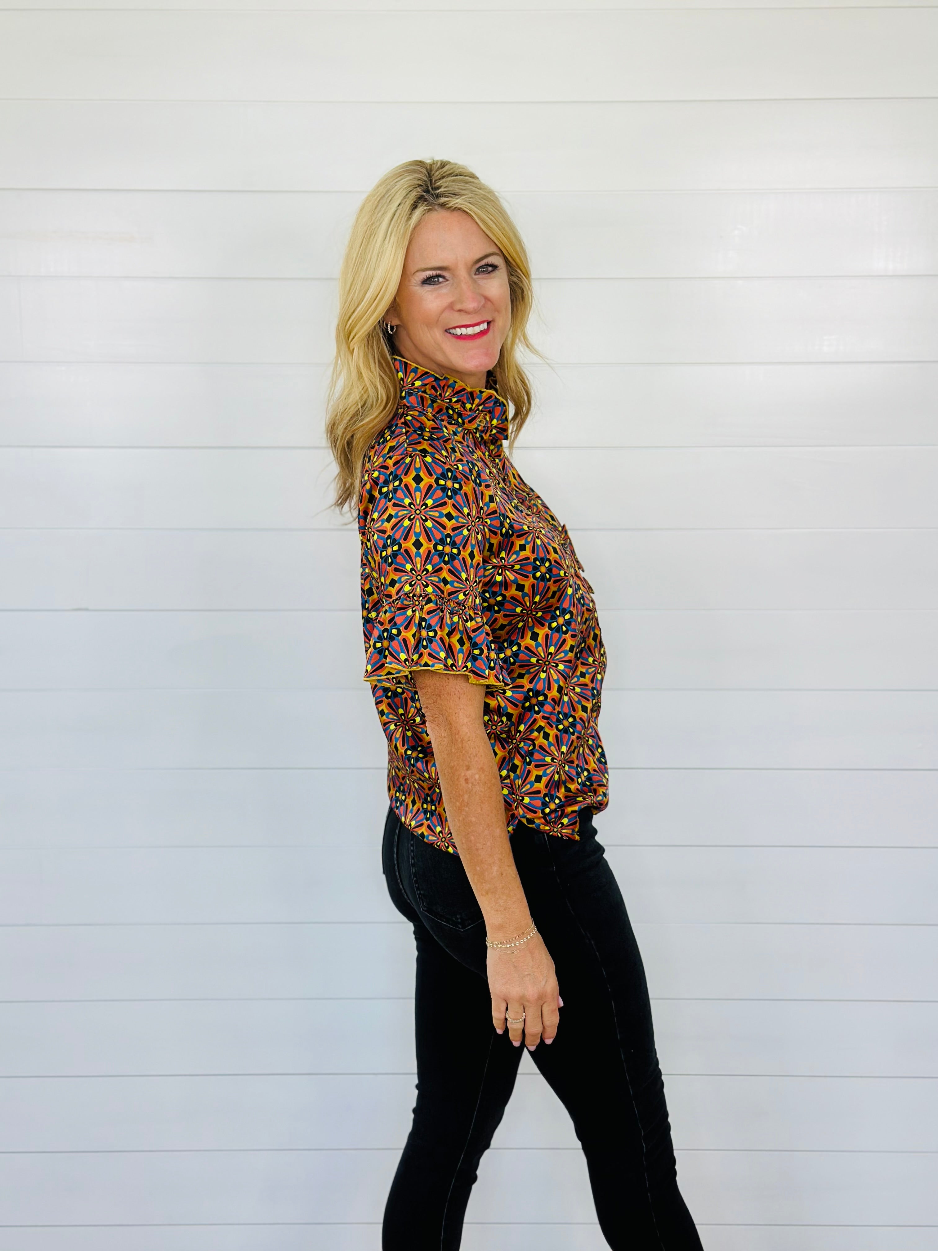 SATIN RUFFLE SHIRT-MULTI