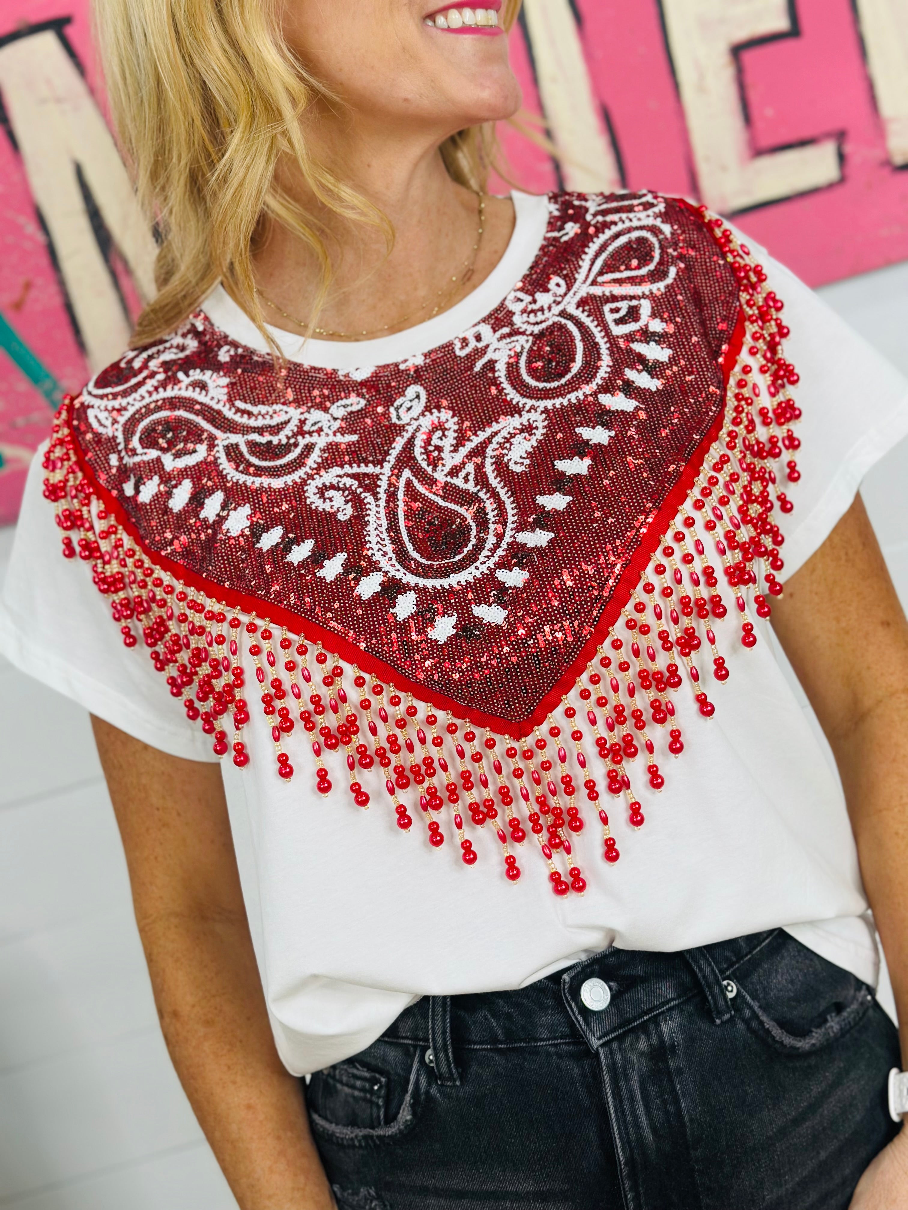 WHITE W/RED SEQUIN BANDANA FRINGE TEE