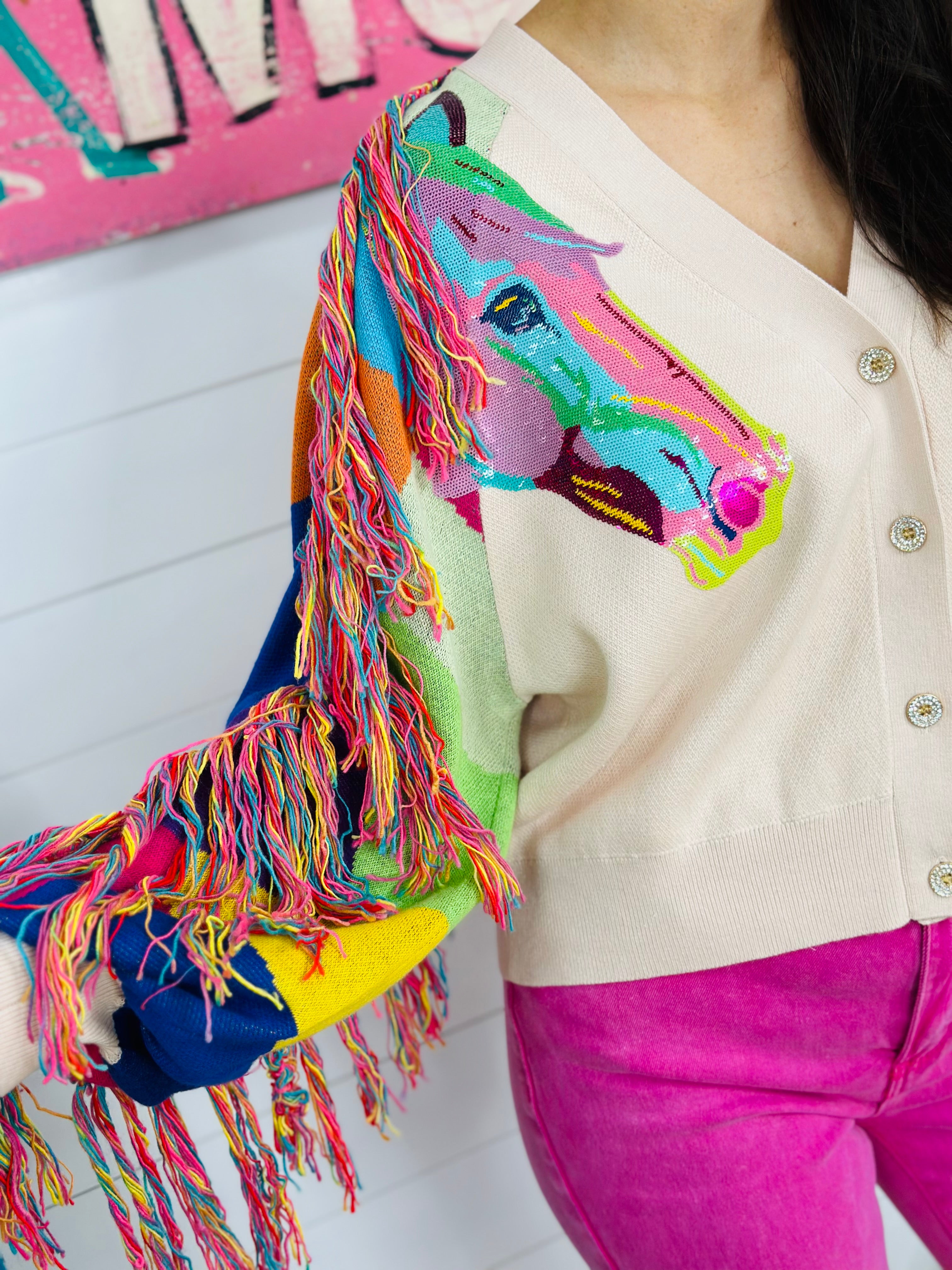 TAN FRINGE HORSE HEAD SWEATER