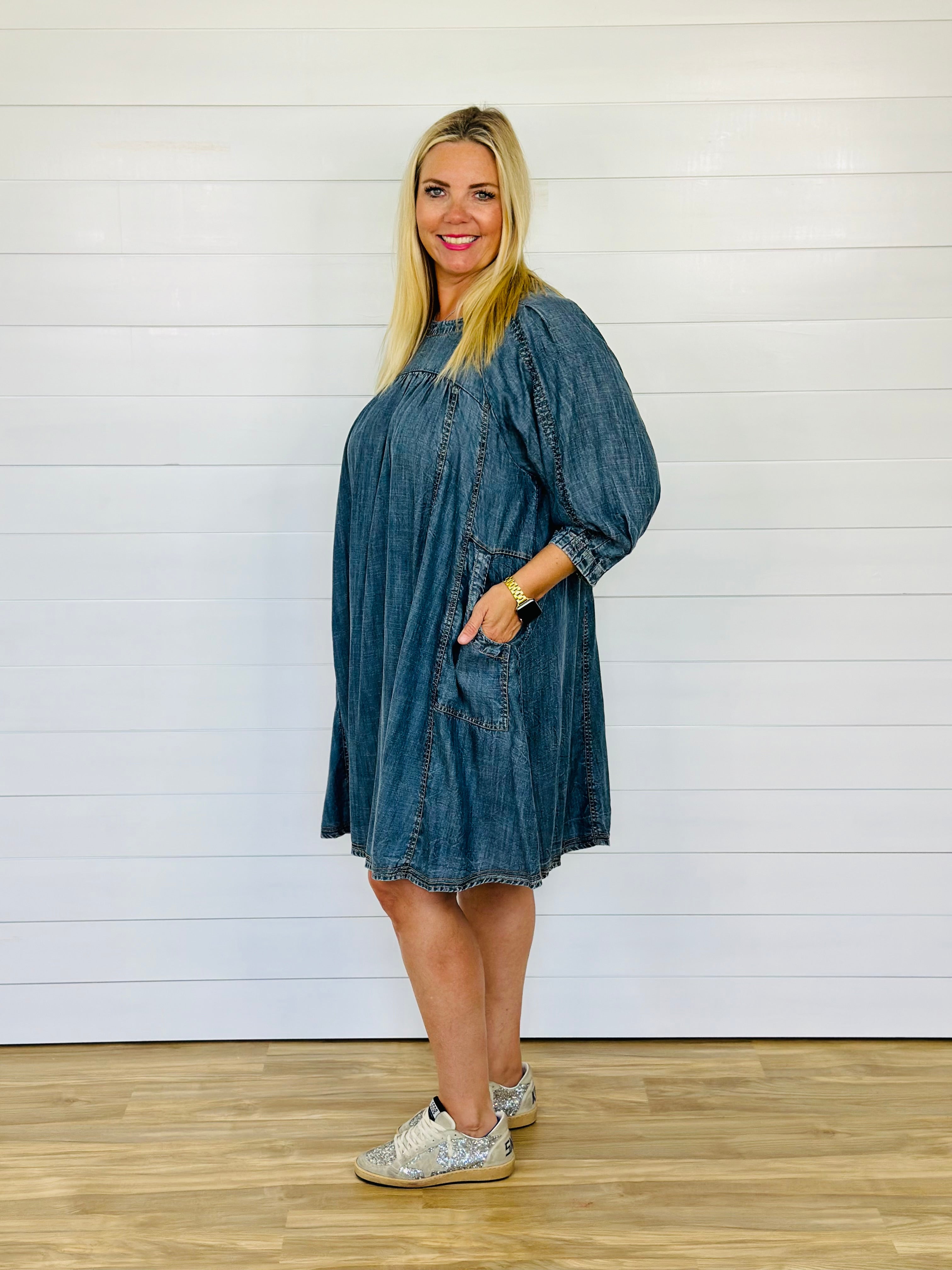 DENIM MULTI PANEL DRESS