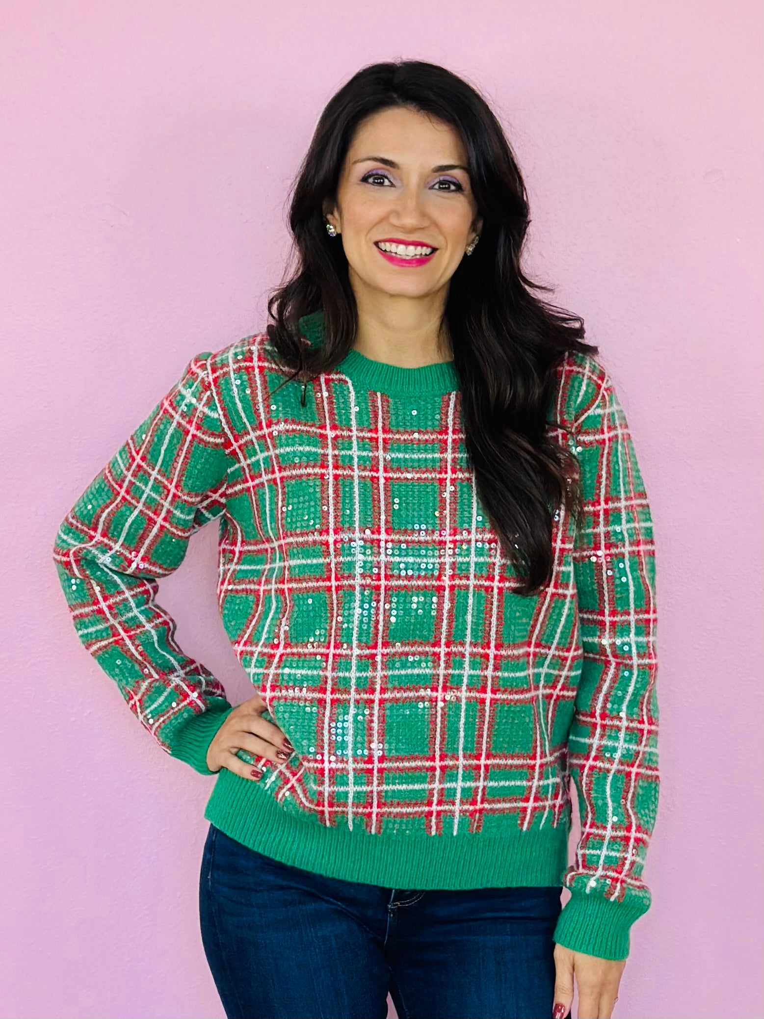 CHRISTMAS PLAID SEQUINED TOP-GREEN