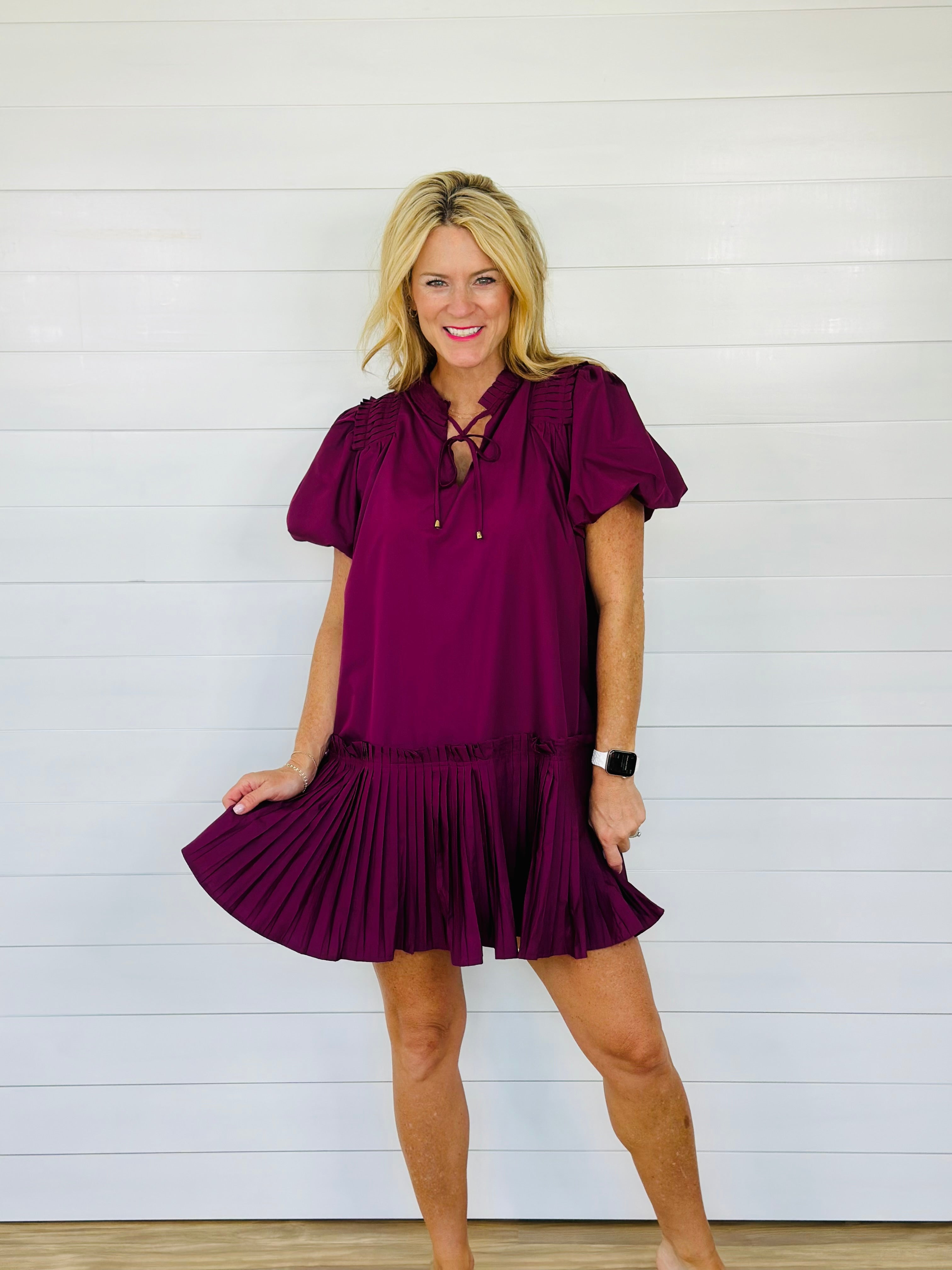 PRETTY PLEAT DRESS-PLUM