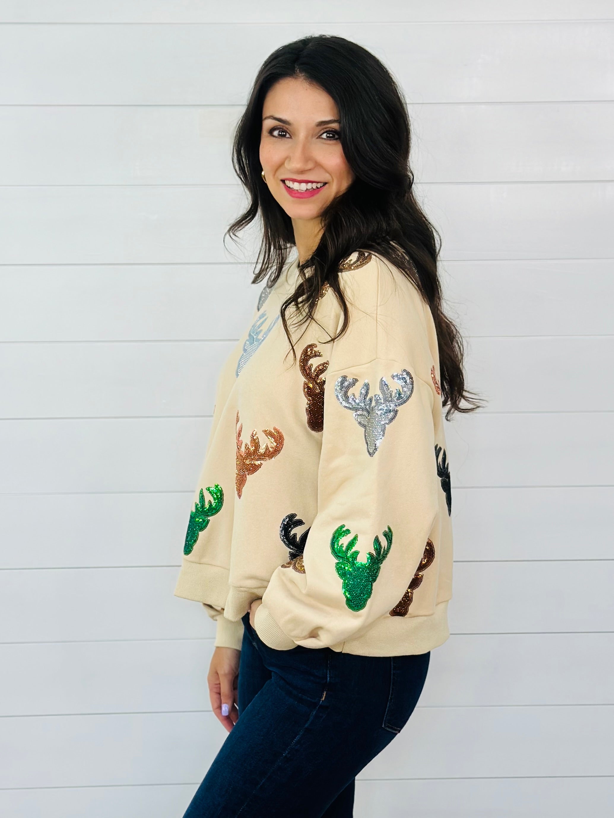 BEIGE DEER HEAD SWEATSHIRT