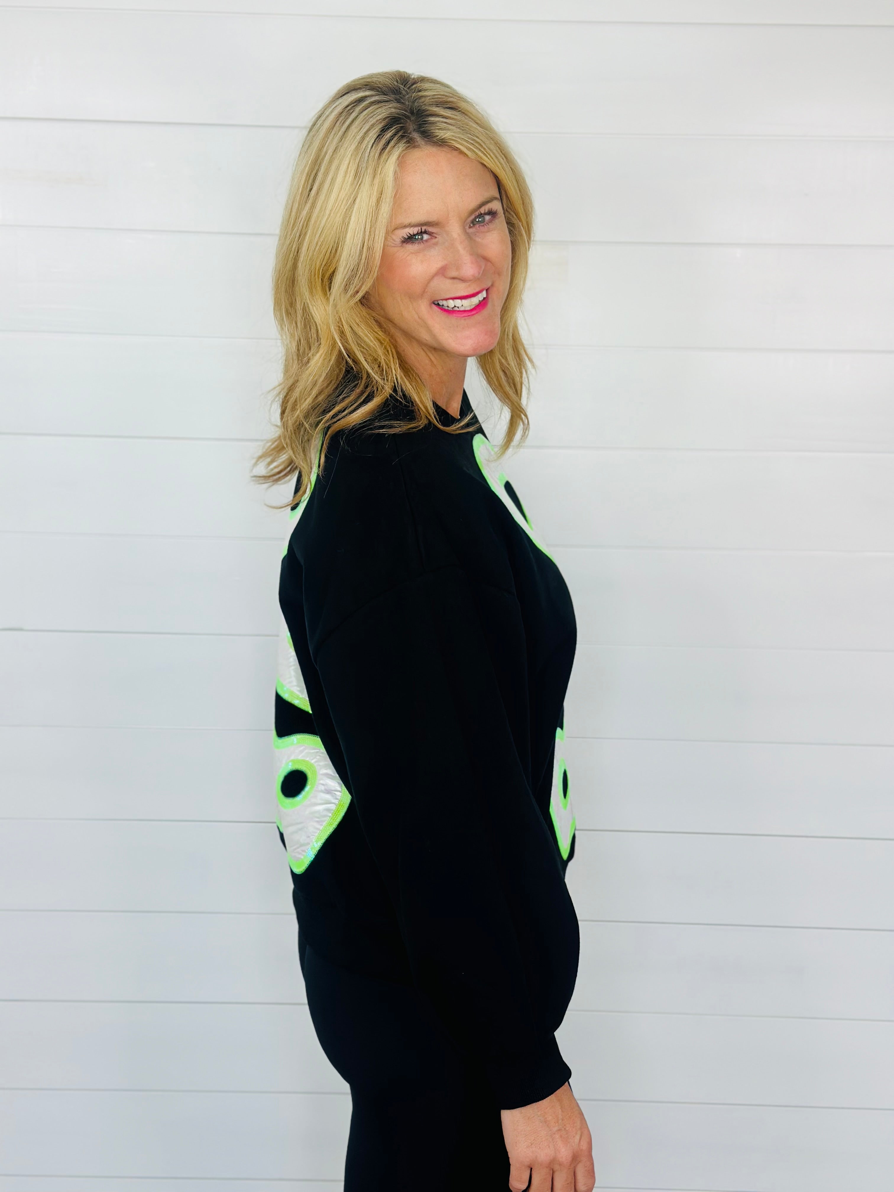 BLACK METALLIC BOO SWEATSHIRT