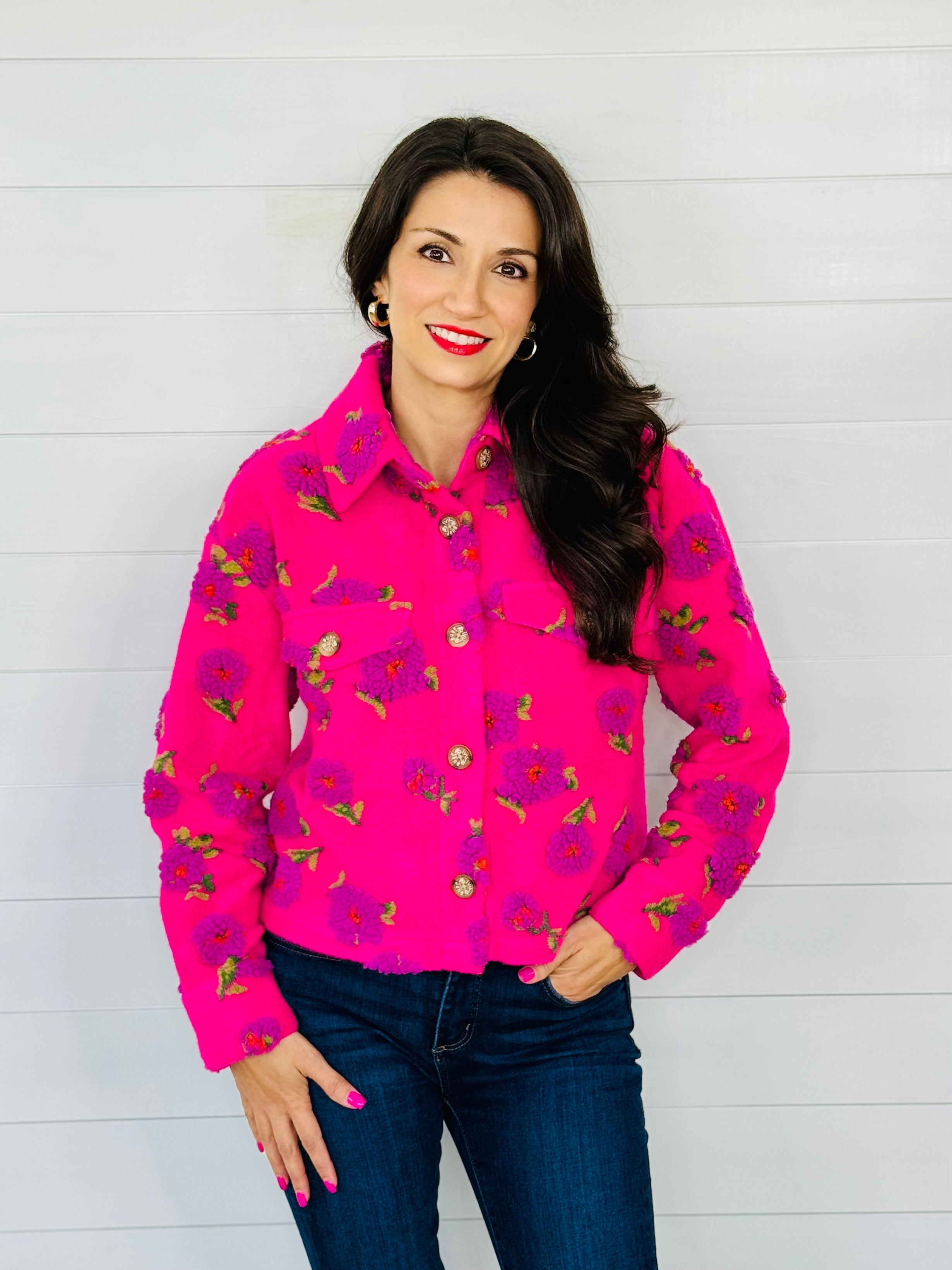 PUFF FLORAL BARN JACKET-FUCHSIA