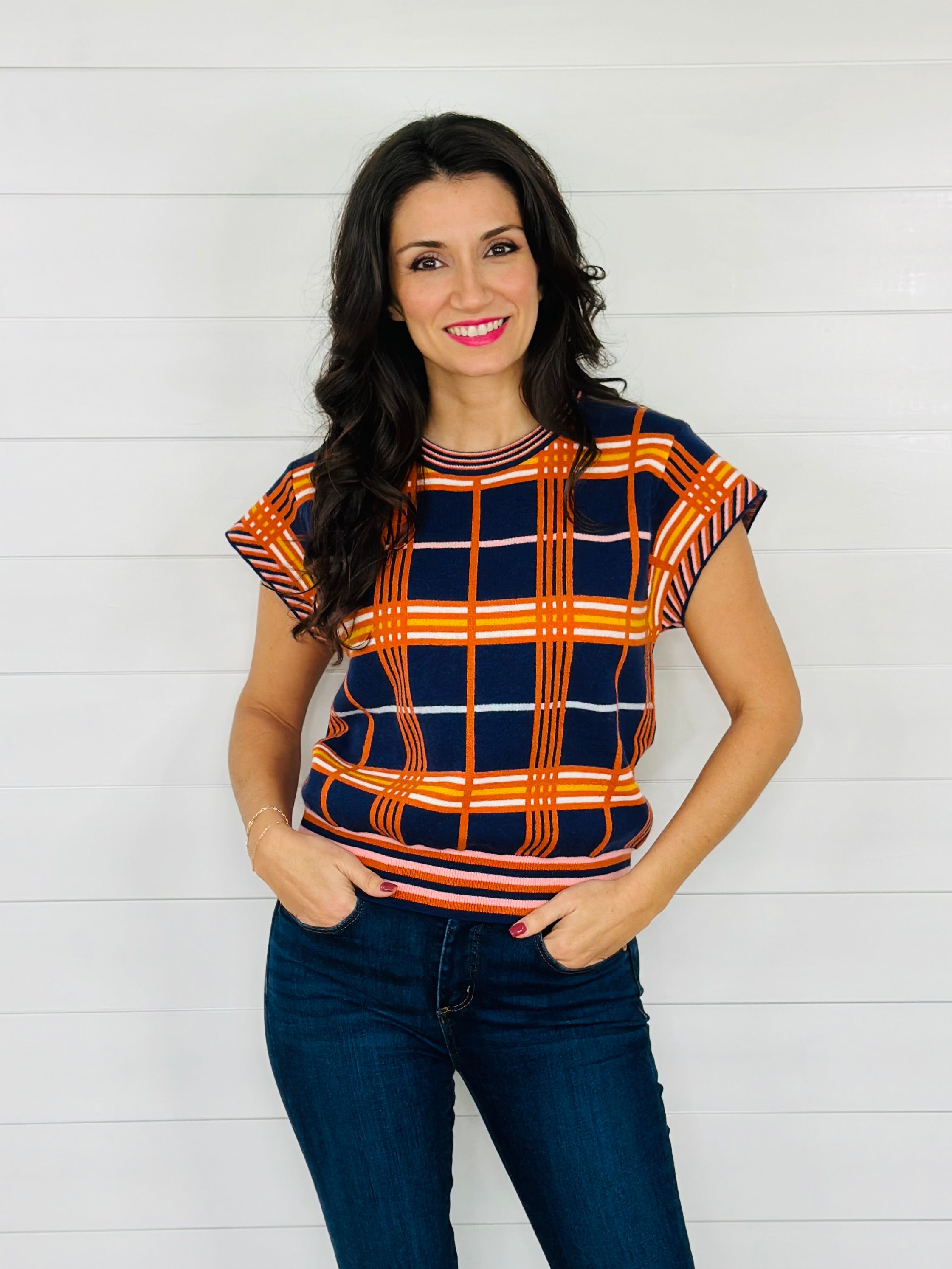 CHIC PLAID SWEATER TOP-NAVY