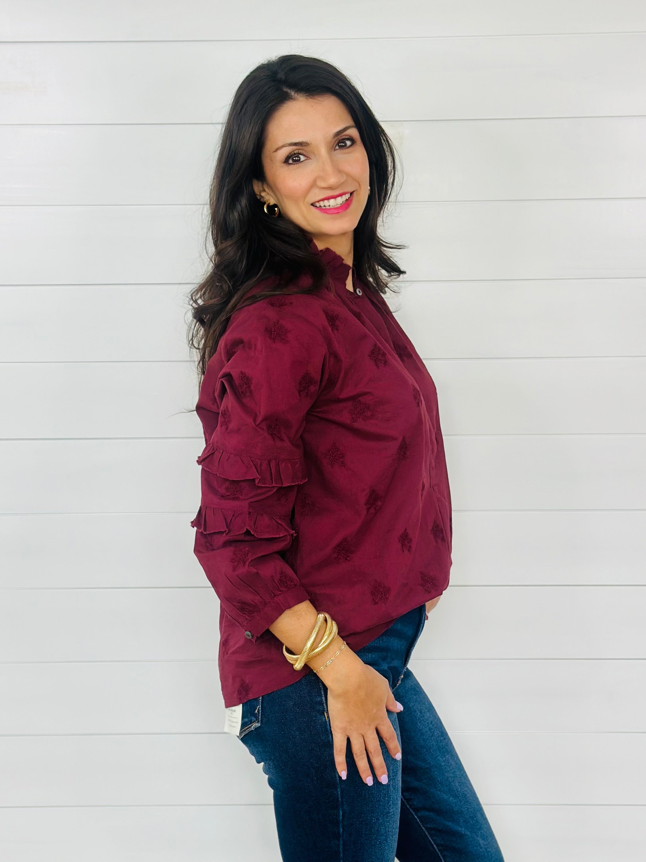 DOUBLE RUFFLE SLEEVE TOP-WINE