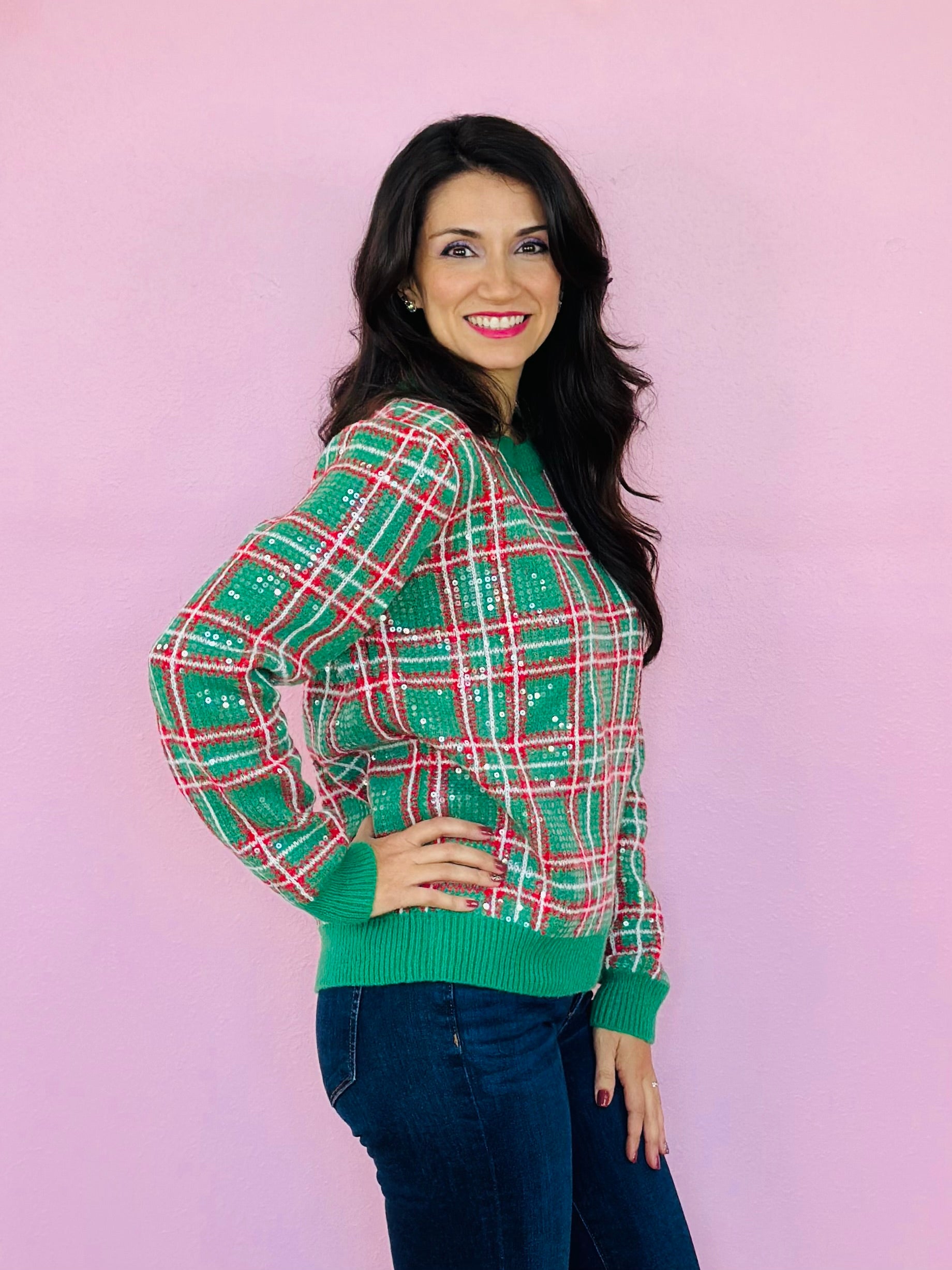 CHRISTMAS PLAID SEQUINED TOP-GREEN