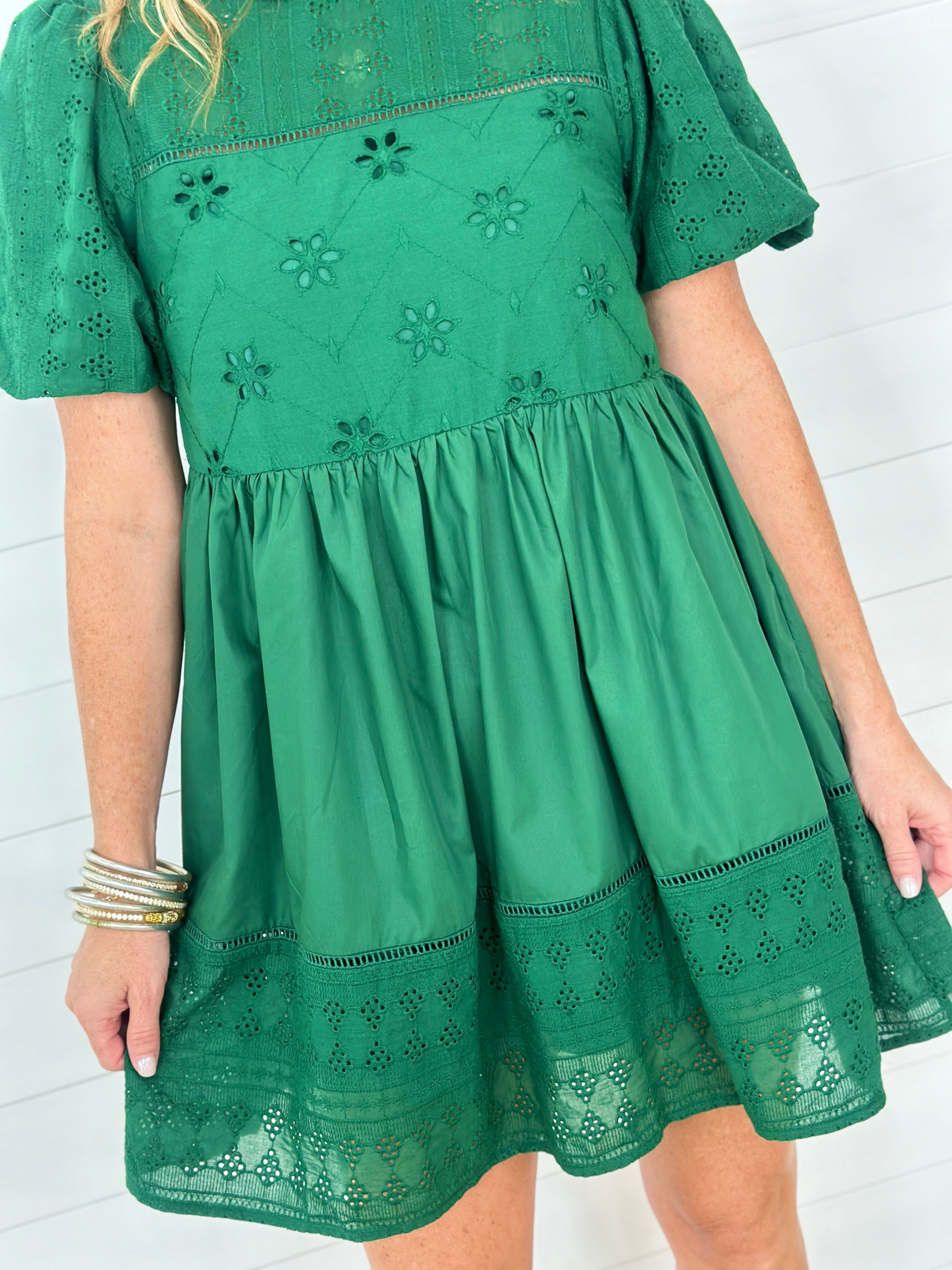 ELISE EYELET DRESS-FOREST GREEN