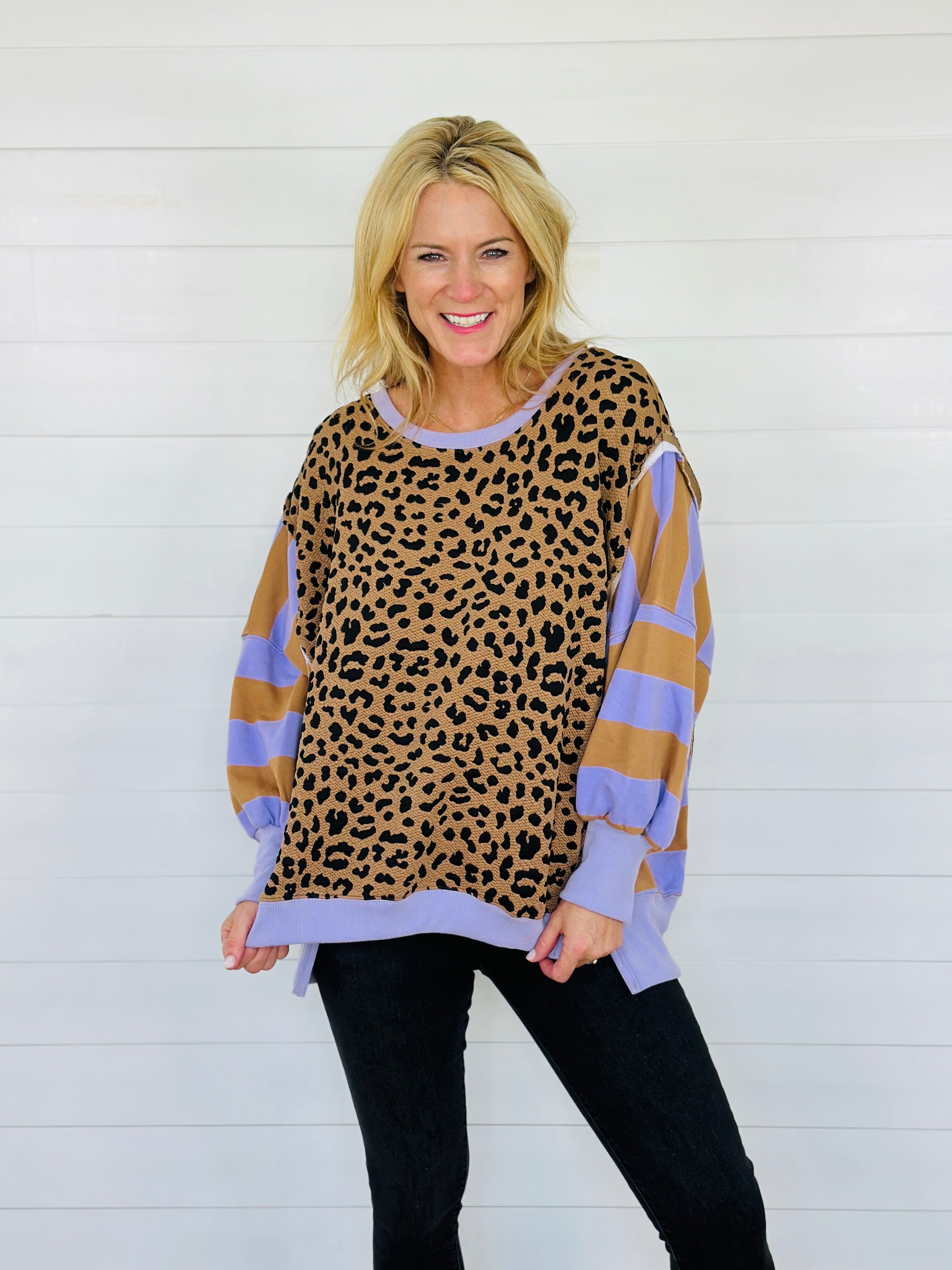 MIXED UP LEOPARD TOP-LAVENDER